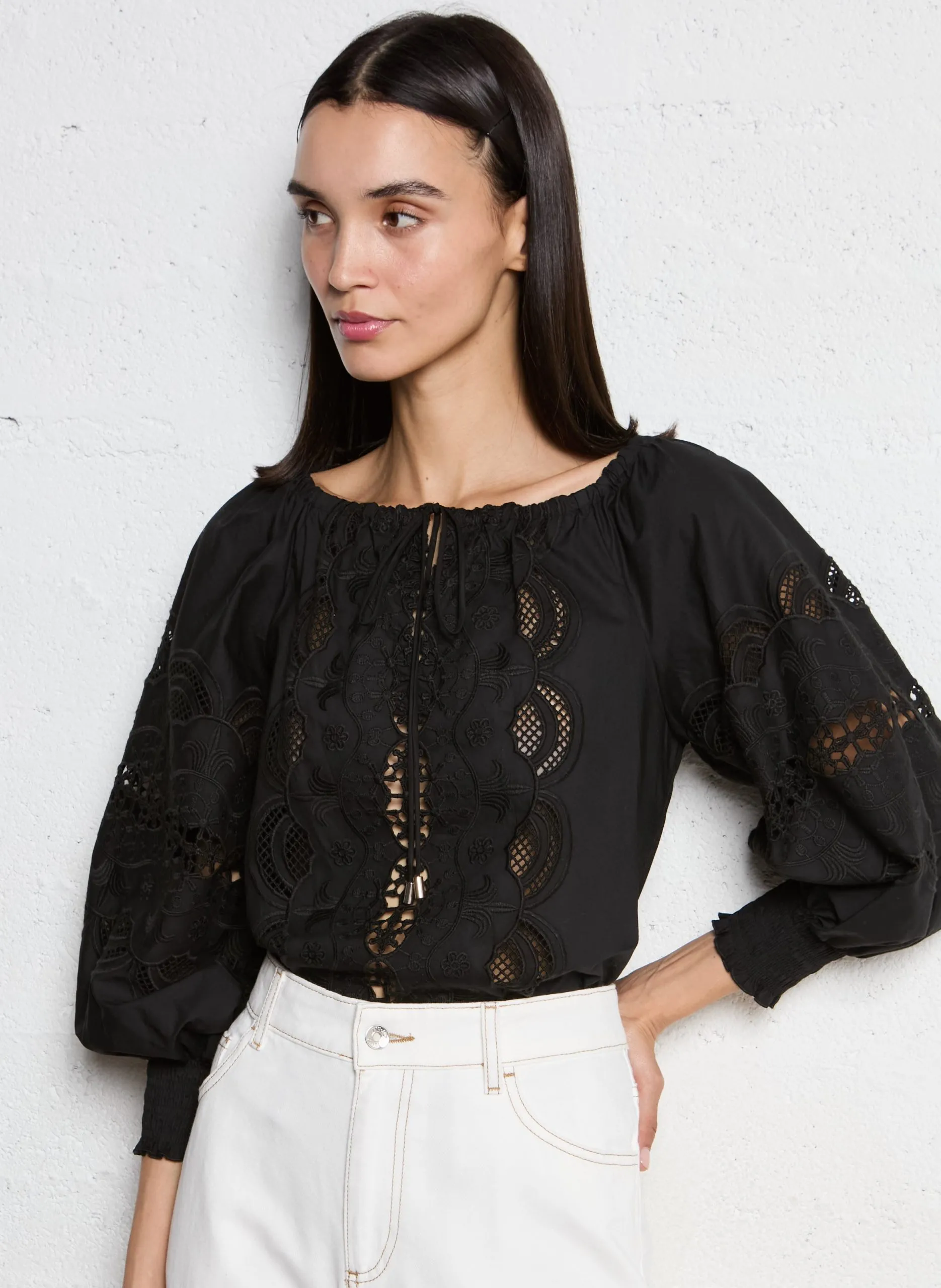 Top col bateau en coton Noir