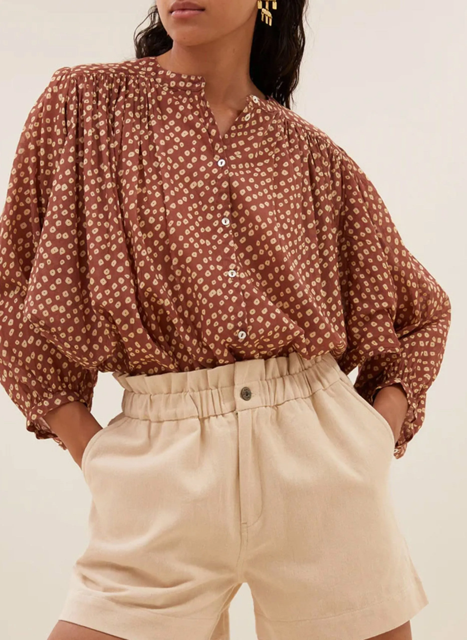 Blouse col rond en coton Marron BECKY