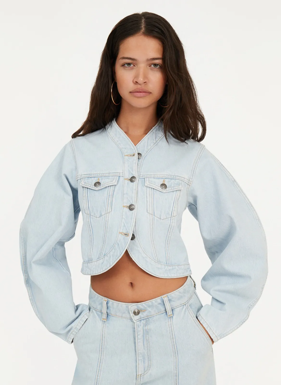 Veste col V en denim de coton Bleu