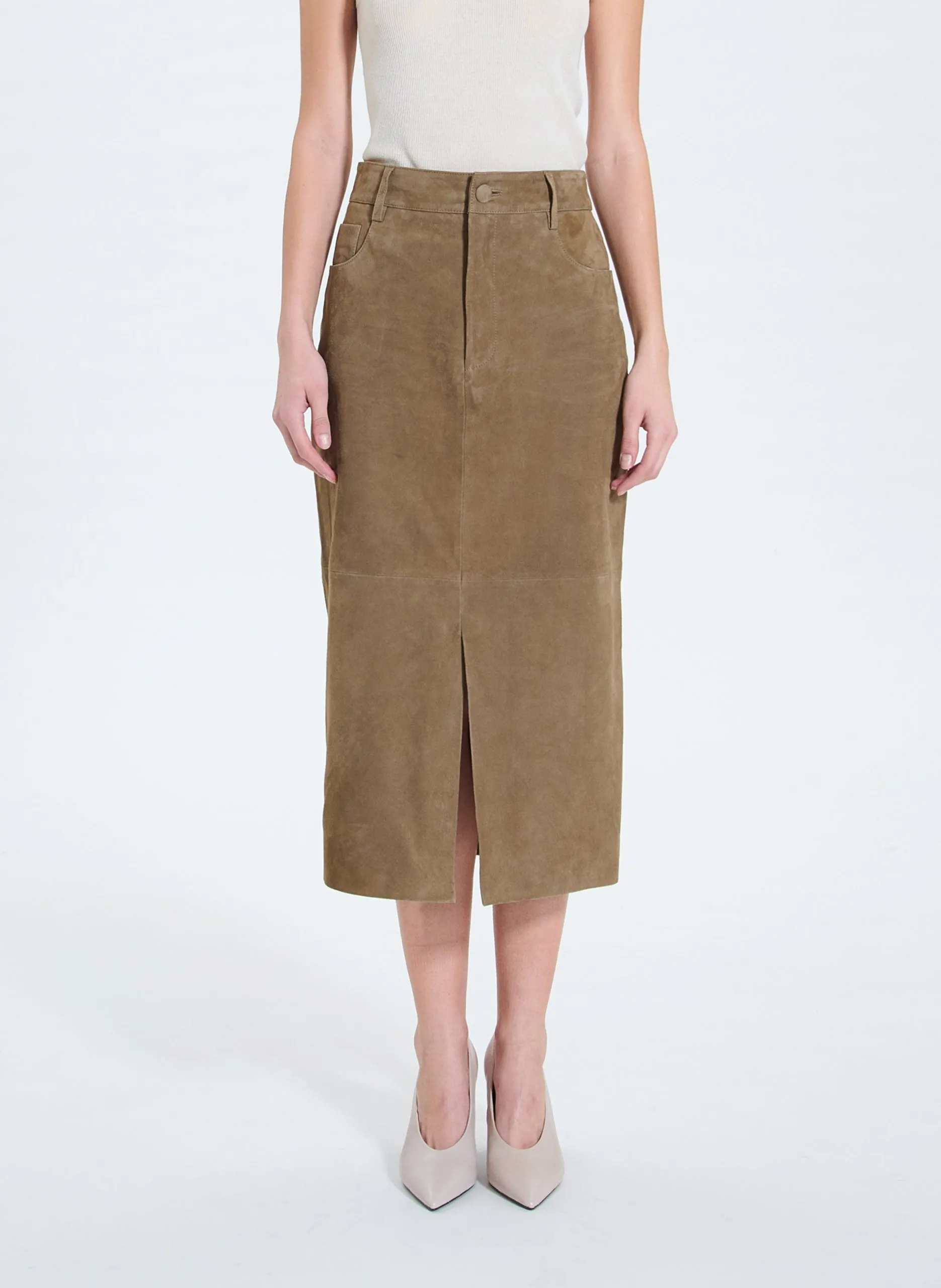 Jupe midi droite en cuir Kaki JAYNE