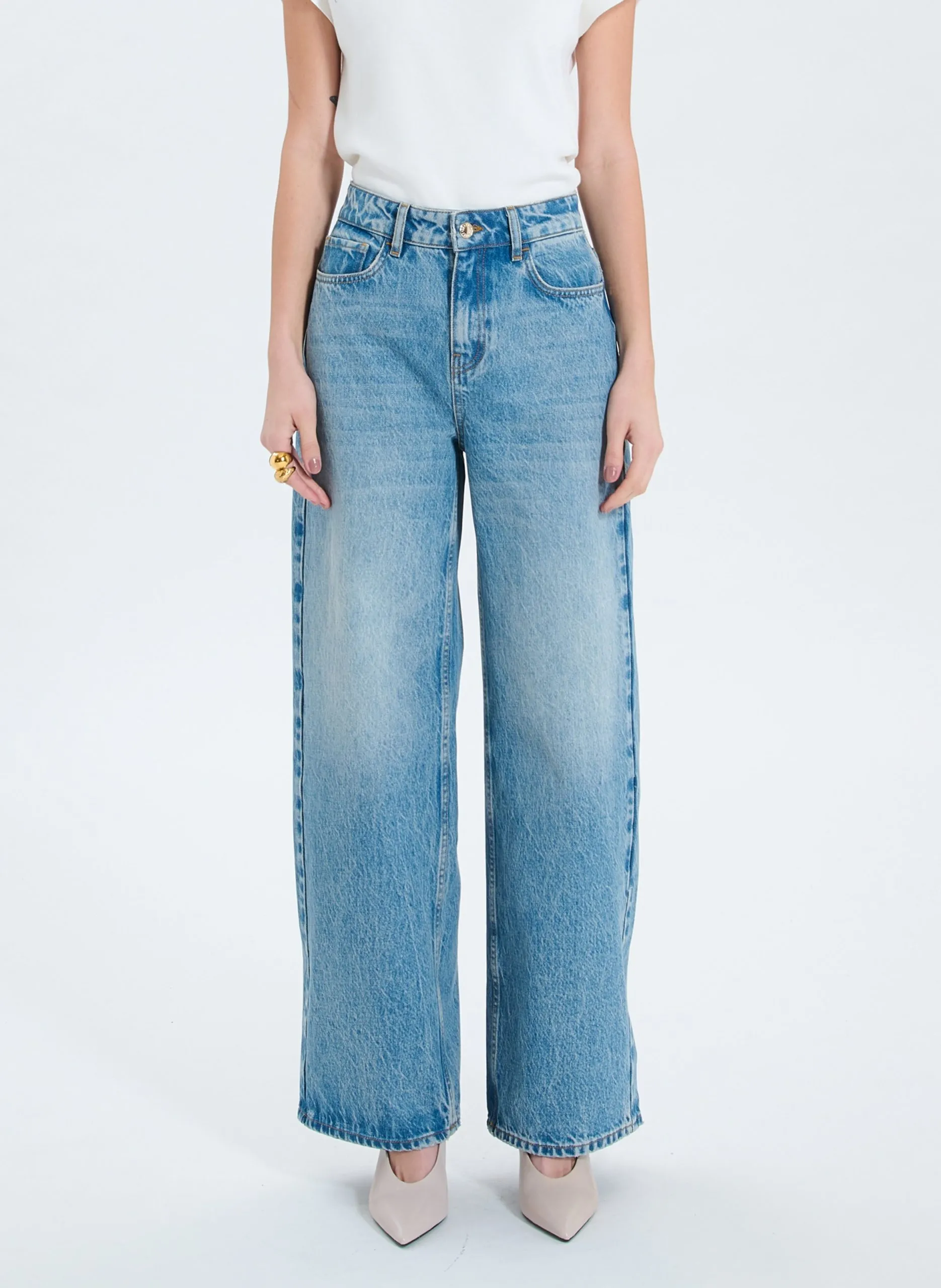 Jean large taille haute en coton Bleu PAM