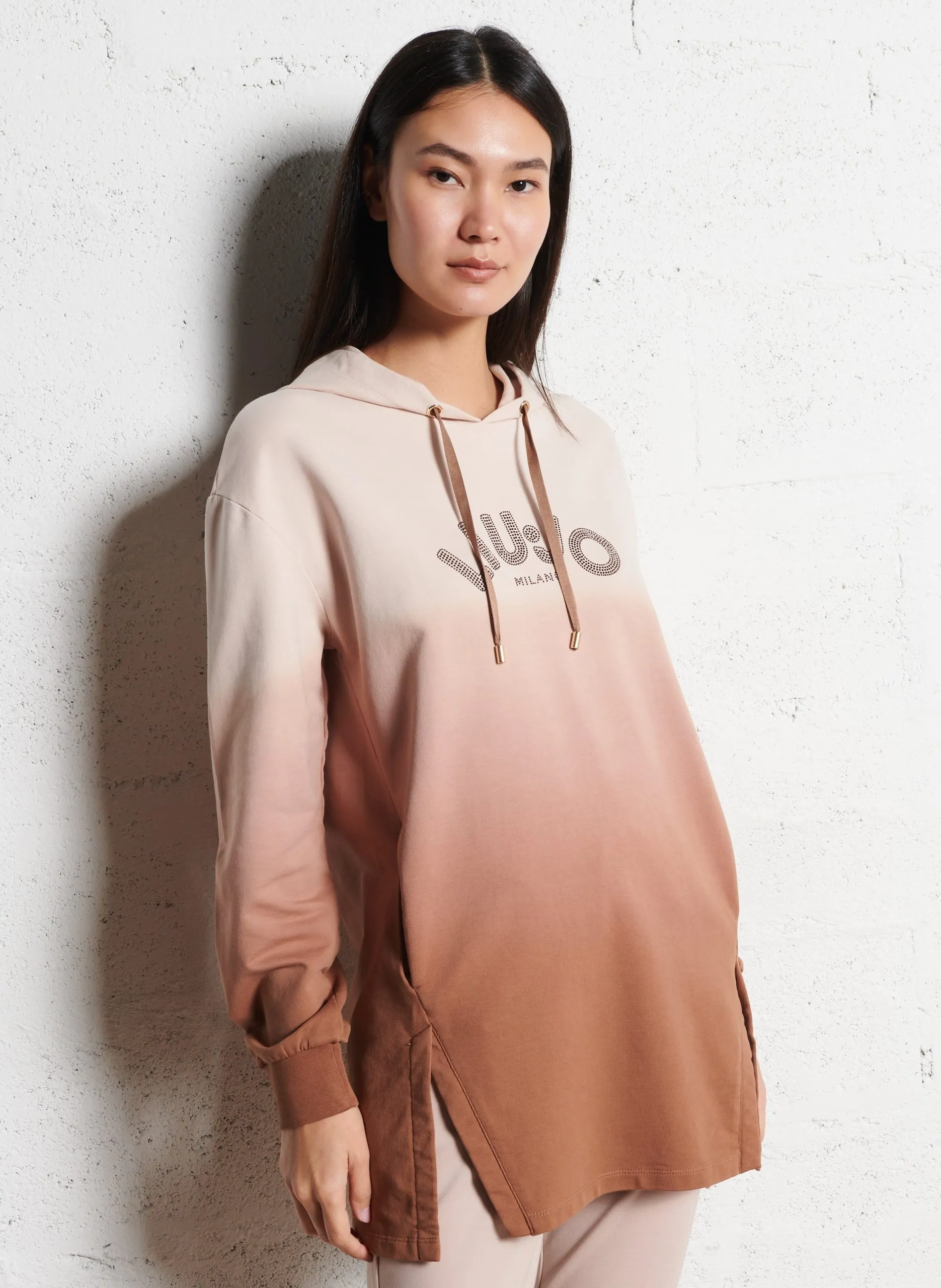 Sweat col à capuche en coton mélangé Marron