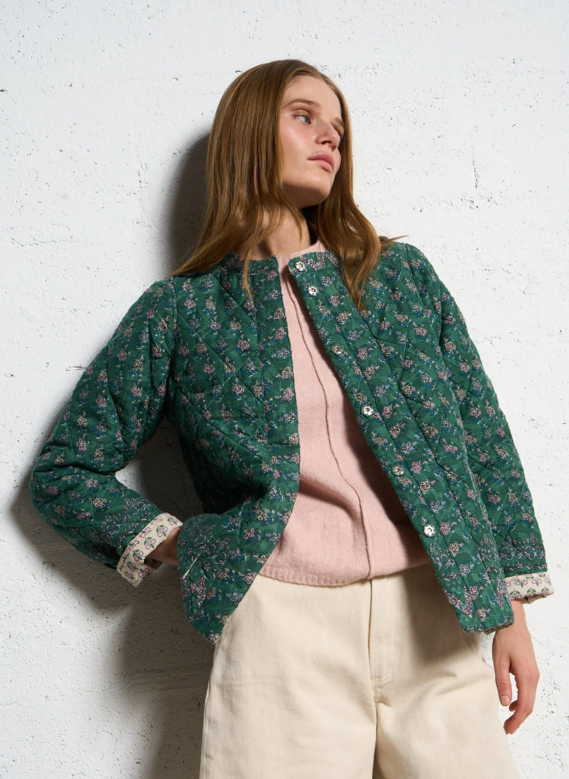 Veste col rond à imprimé fleuri en coton Vert NAIS