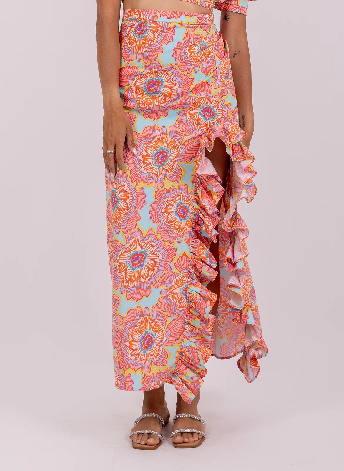 Jupe longue fendue à motifs Bleu YVETTE