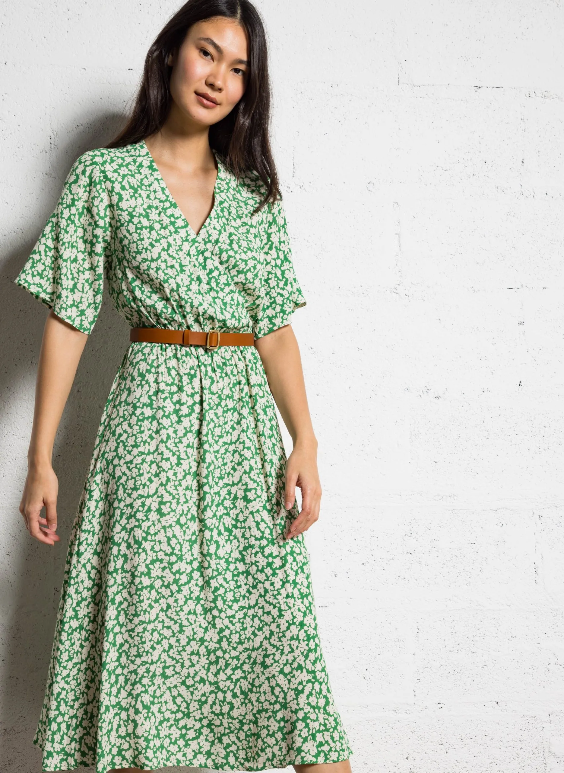 Robe midi cache-cœur fleurie Vert PATIENCE