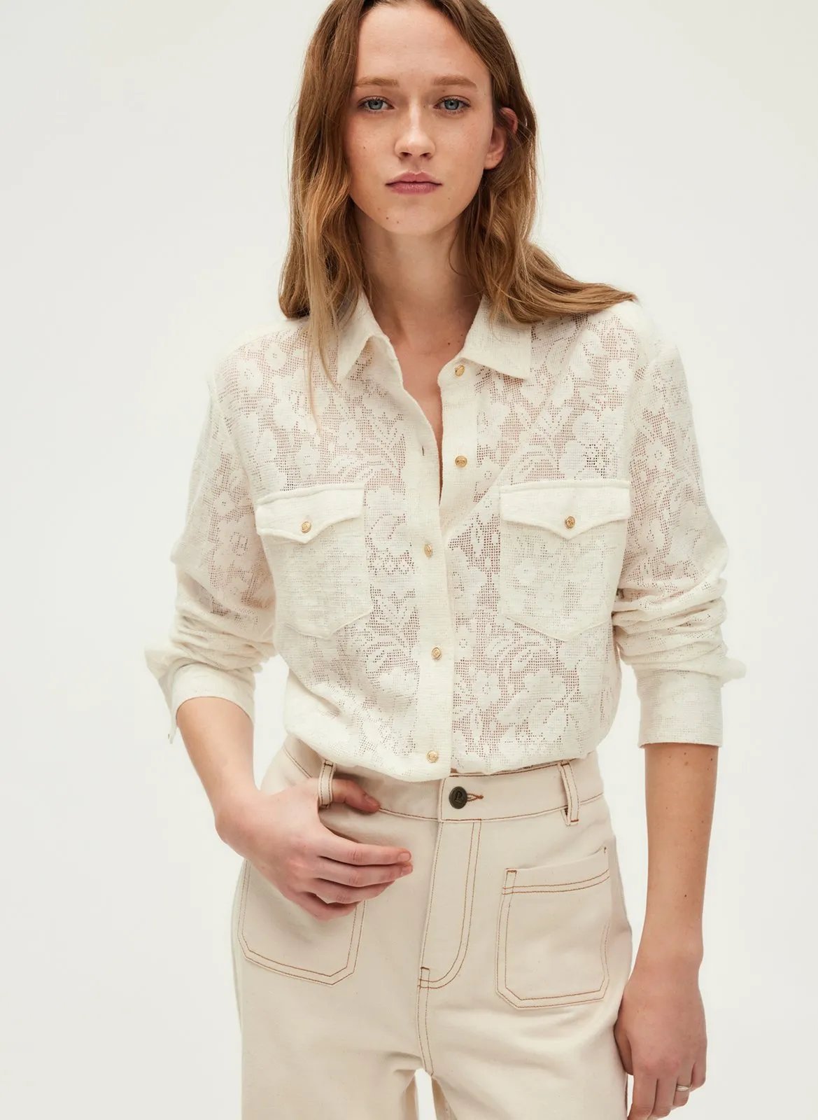 Chemise col classique en coton mélangé Beige USULA