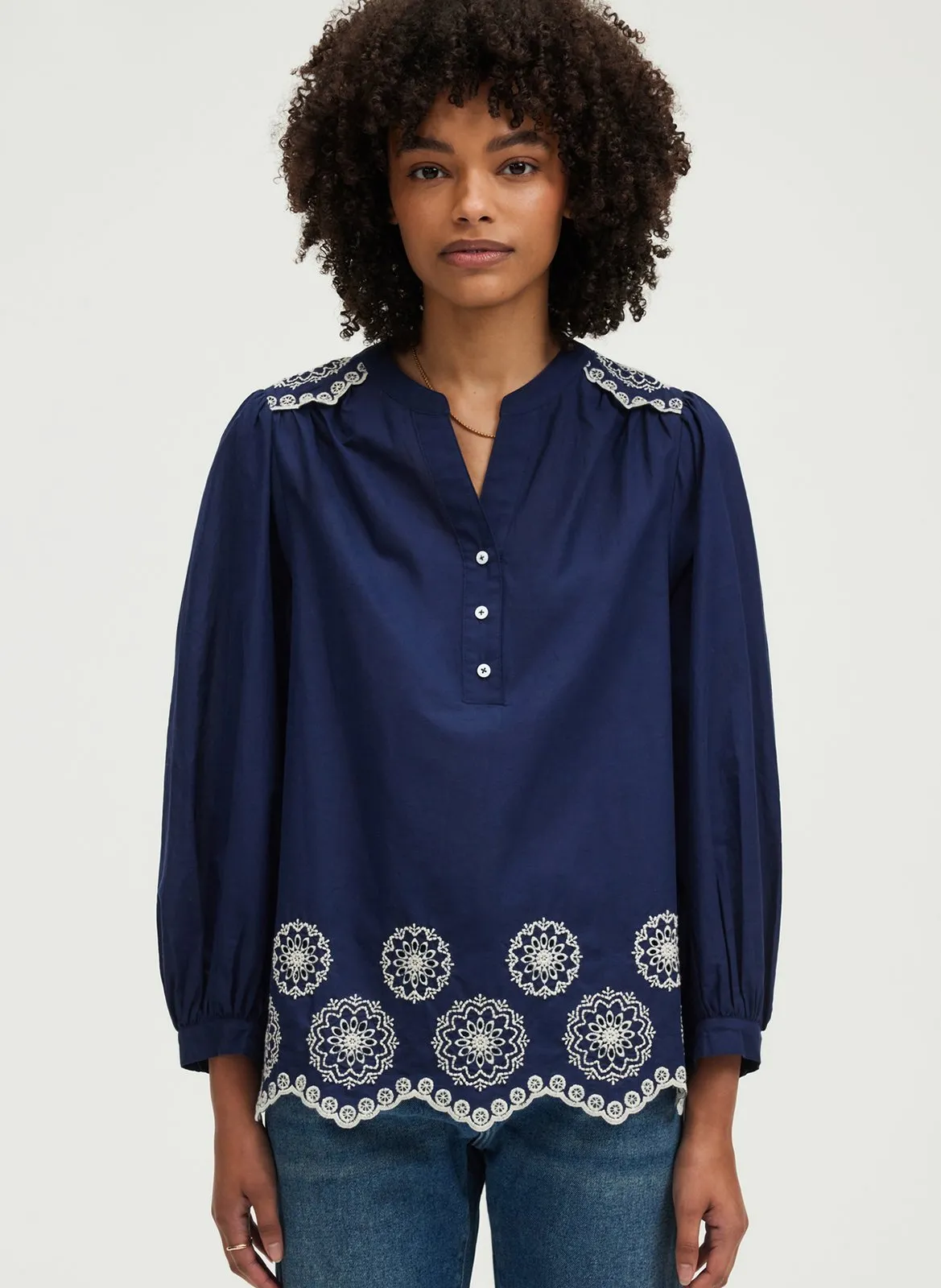 Blouse col rond en coton Bleu URATHA