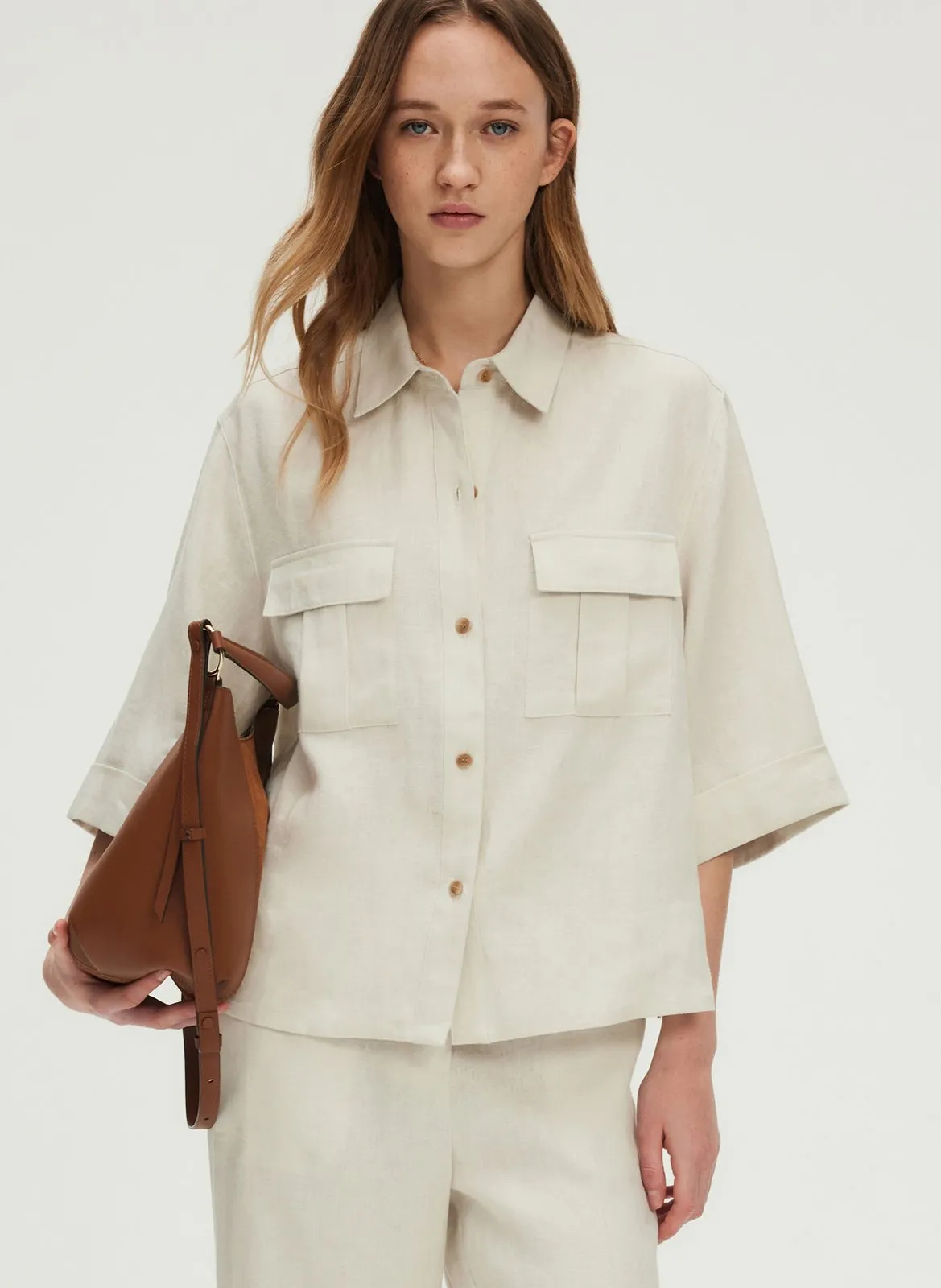 Chemise col classique en lin Beige URSE