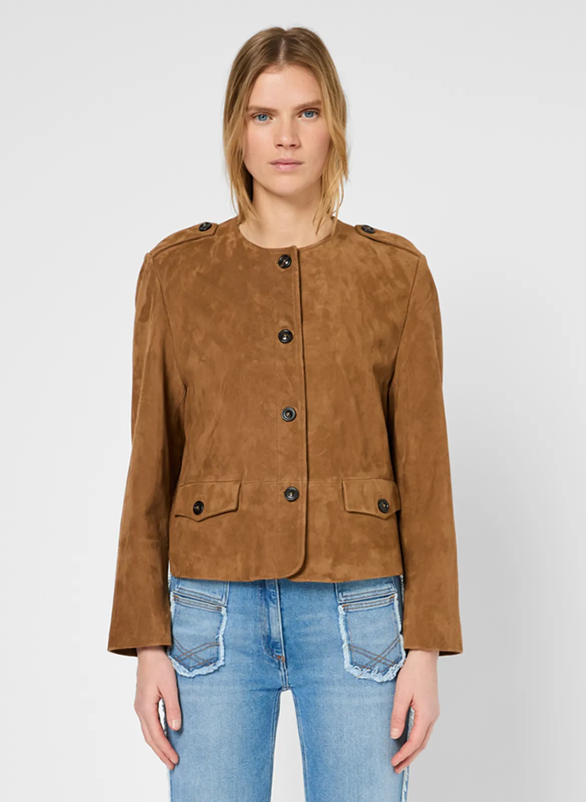 Veste col rond en cuir velours Marron ROBERTE