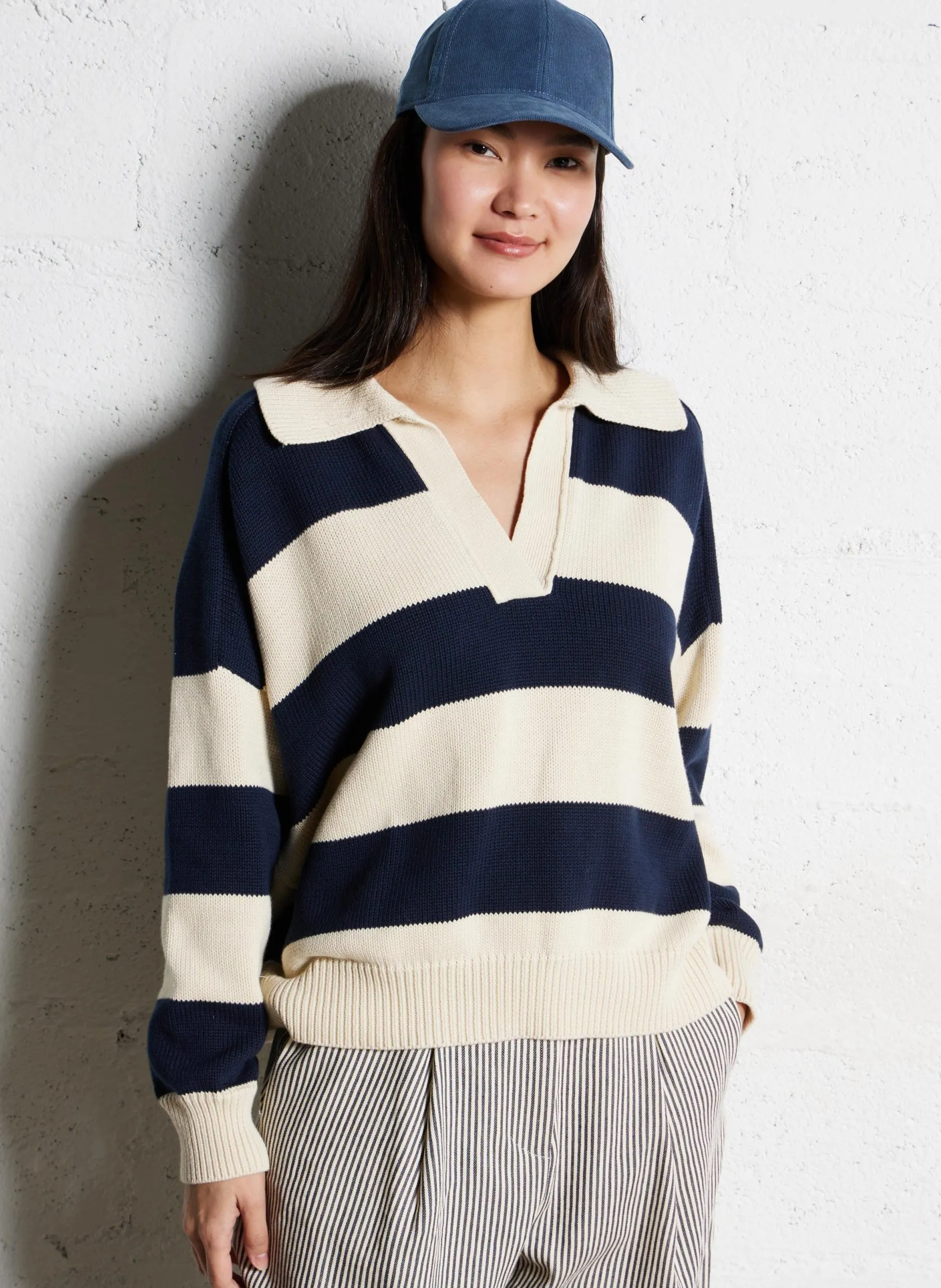 Pull oversize encolure V en coton bio Bleu NAXOS