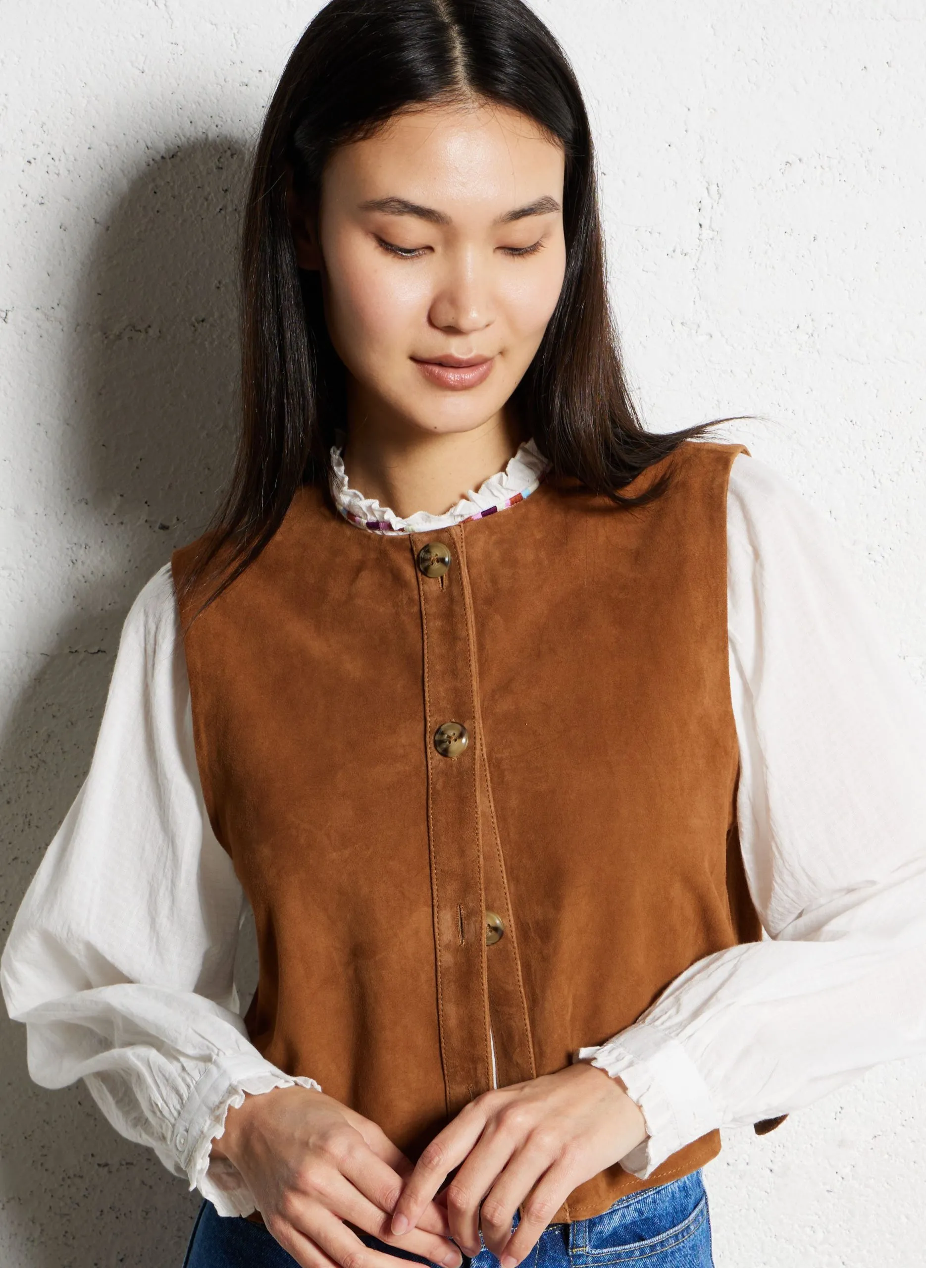 Gilet droit en cuir velours Marron FLORA