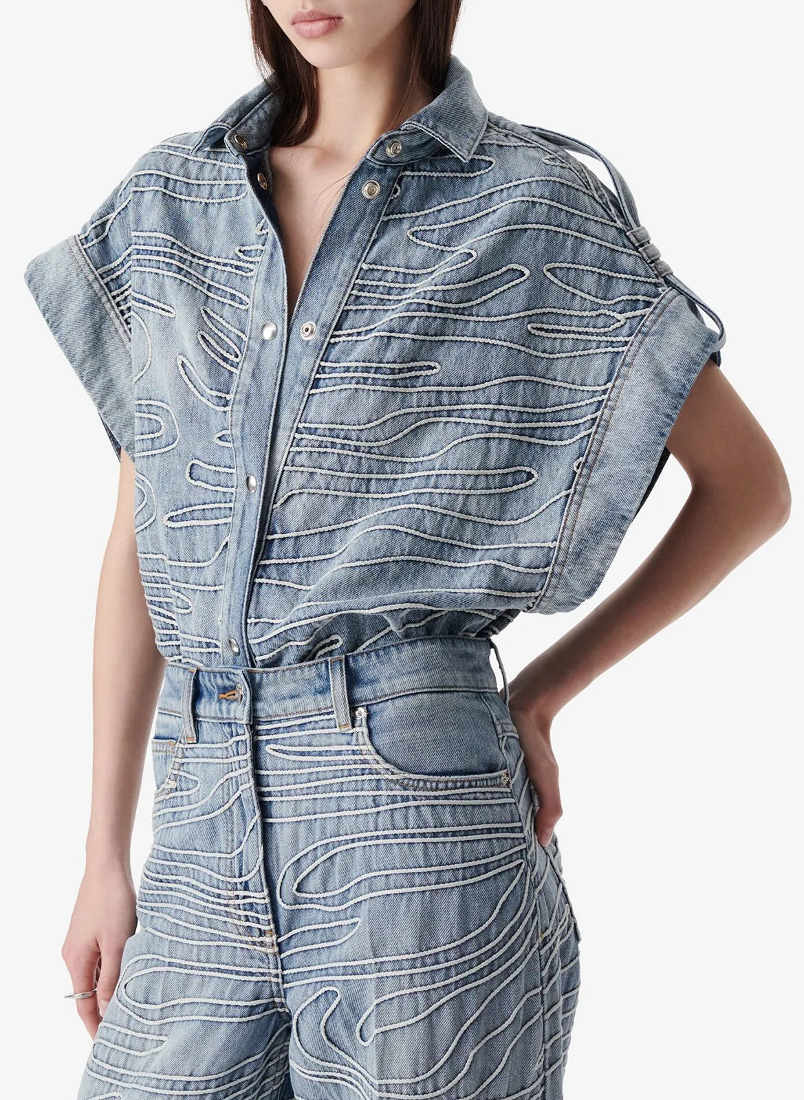 Top sans manches brodé en denim Bleu VALENTINA