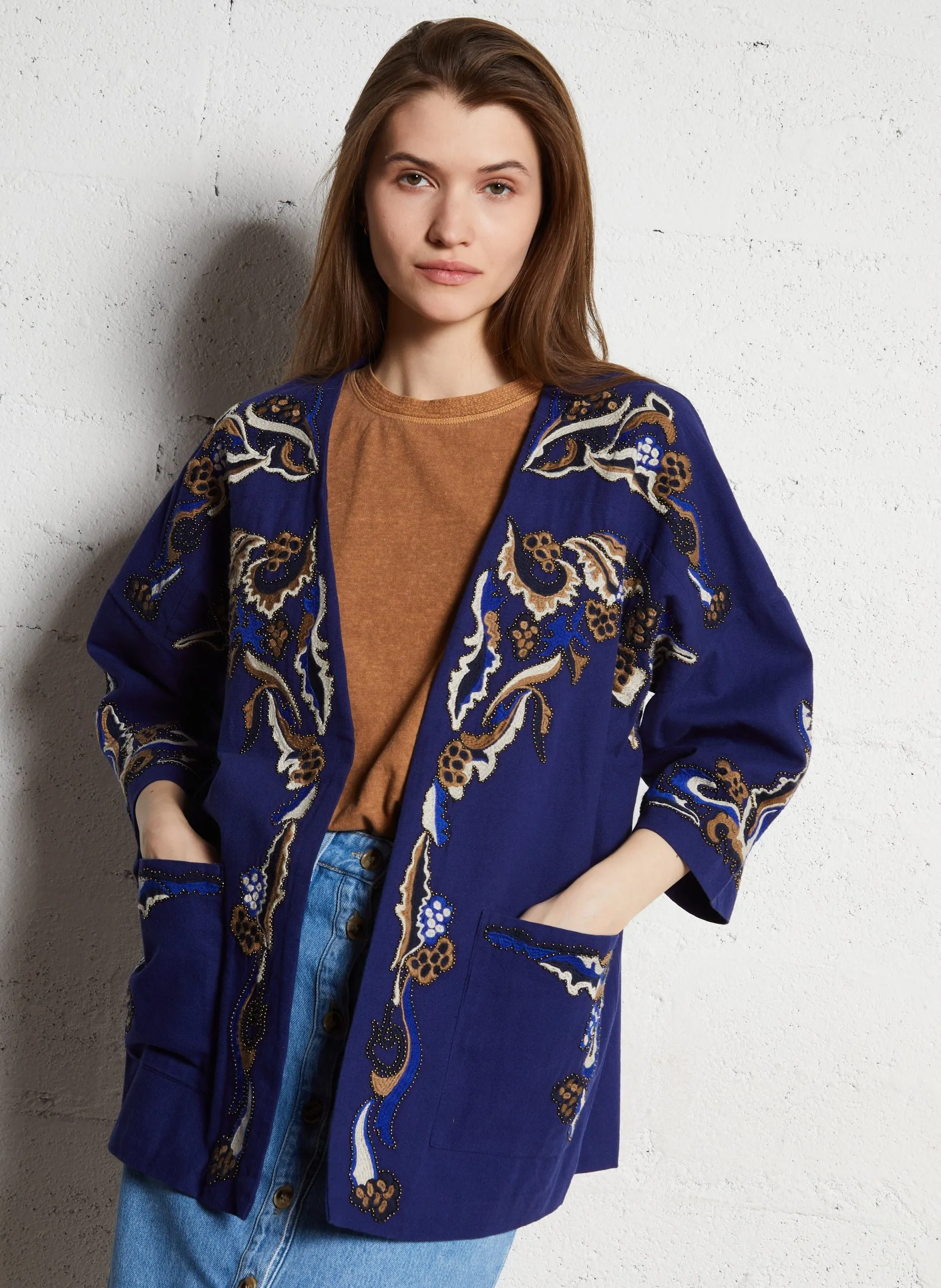 Veste brodée en coton Bleu NOURIA