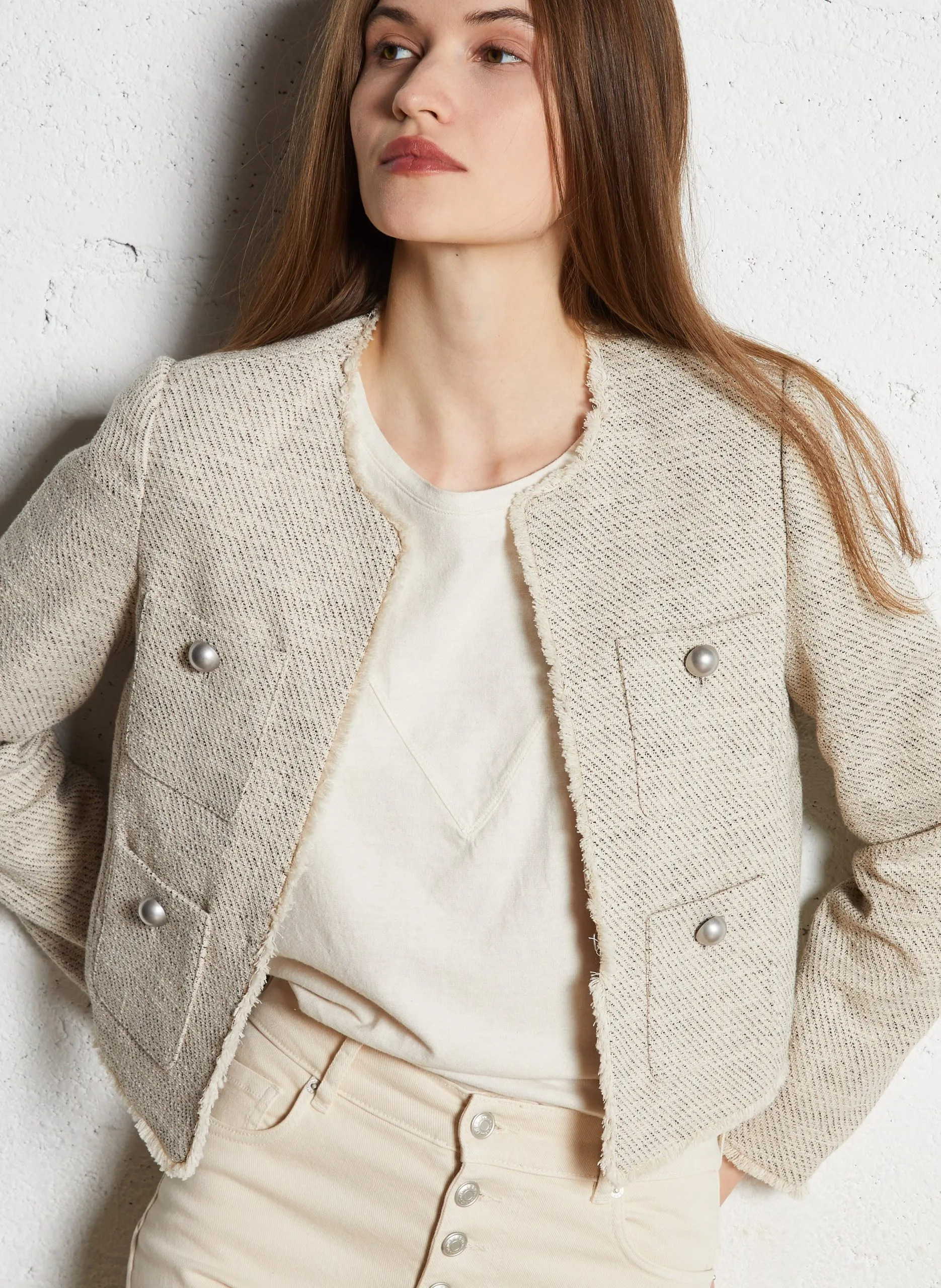 Veste courte droite façon tweed Beige