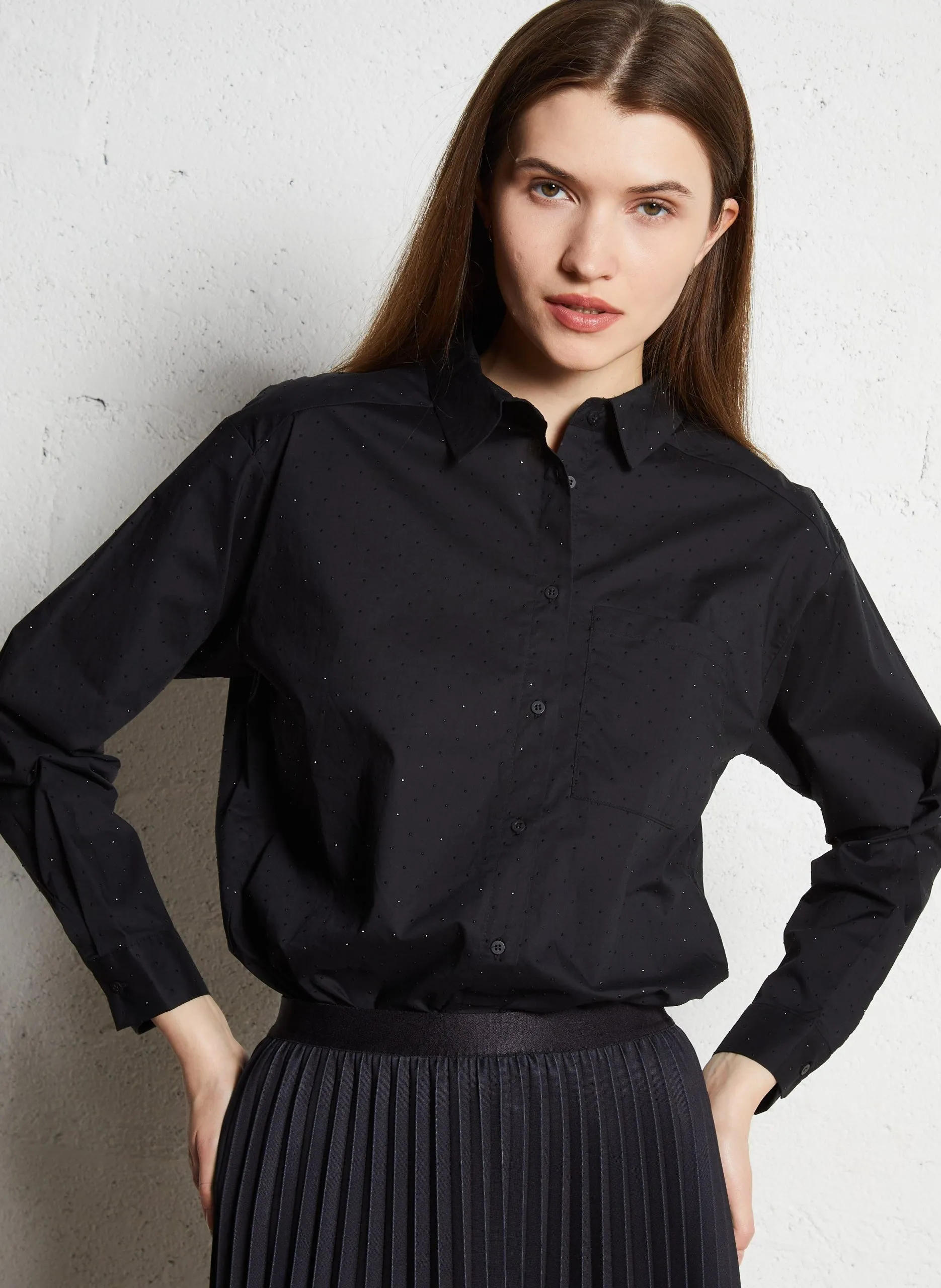 Chemise droite col classique en coton Noir PEPITE