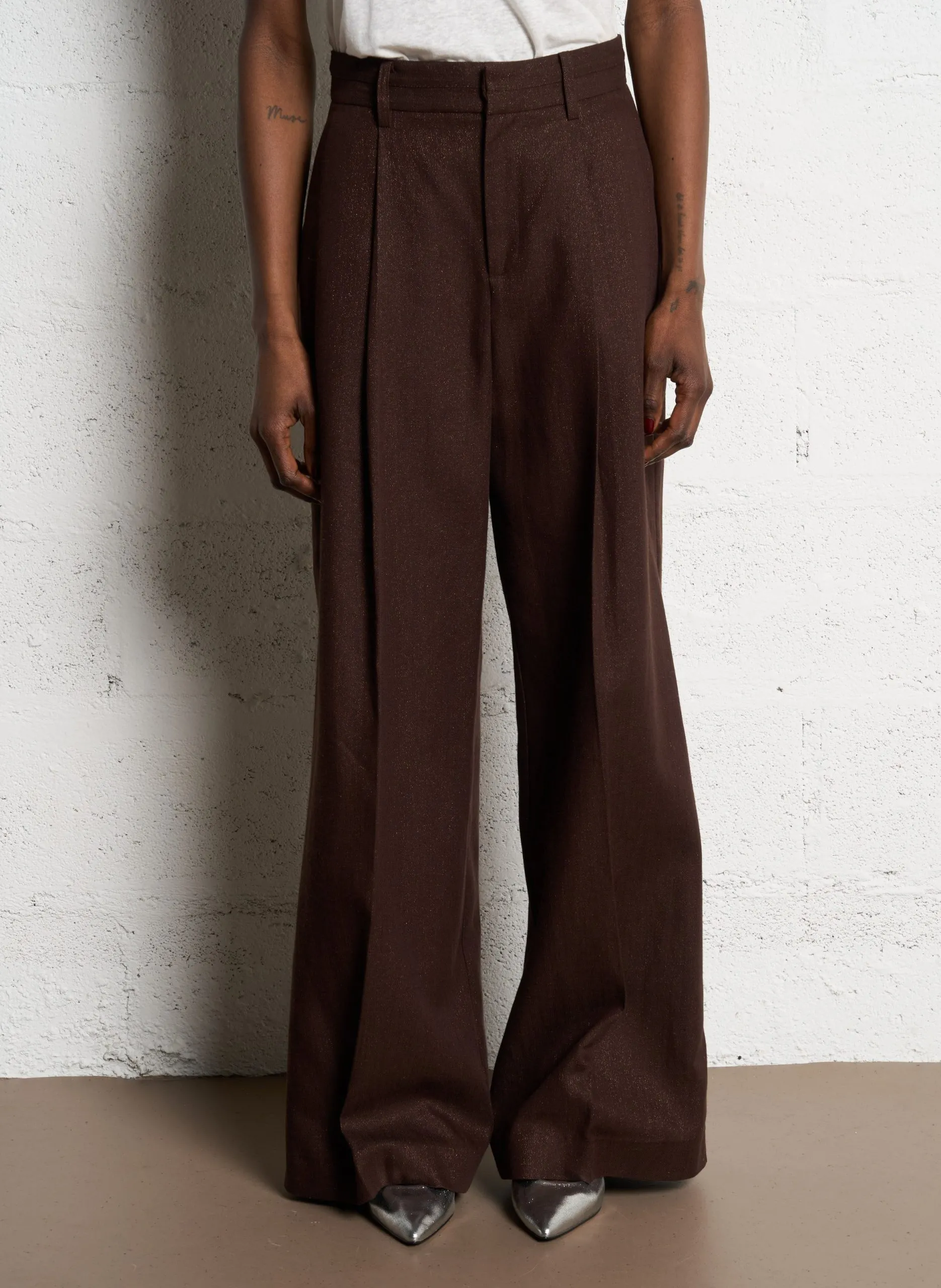Pantalon large pailleté Marron