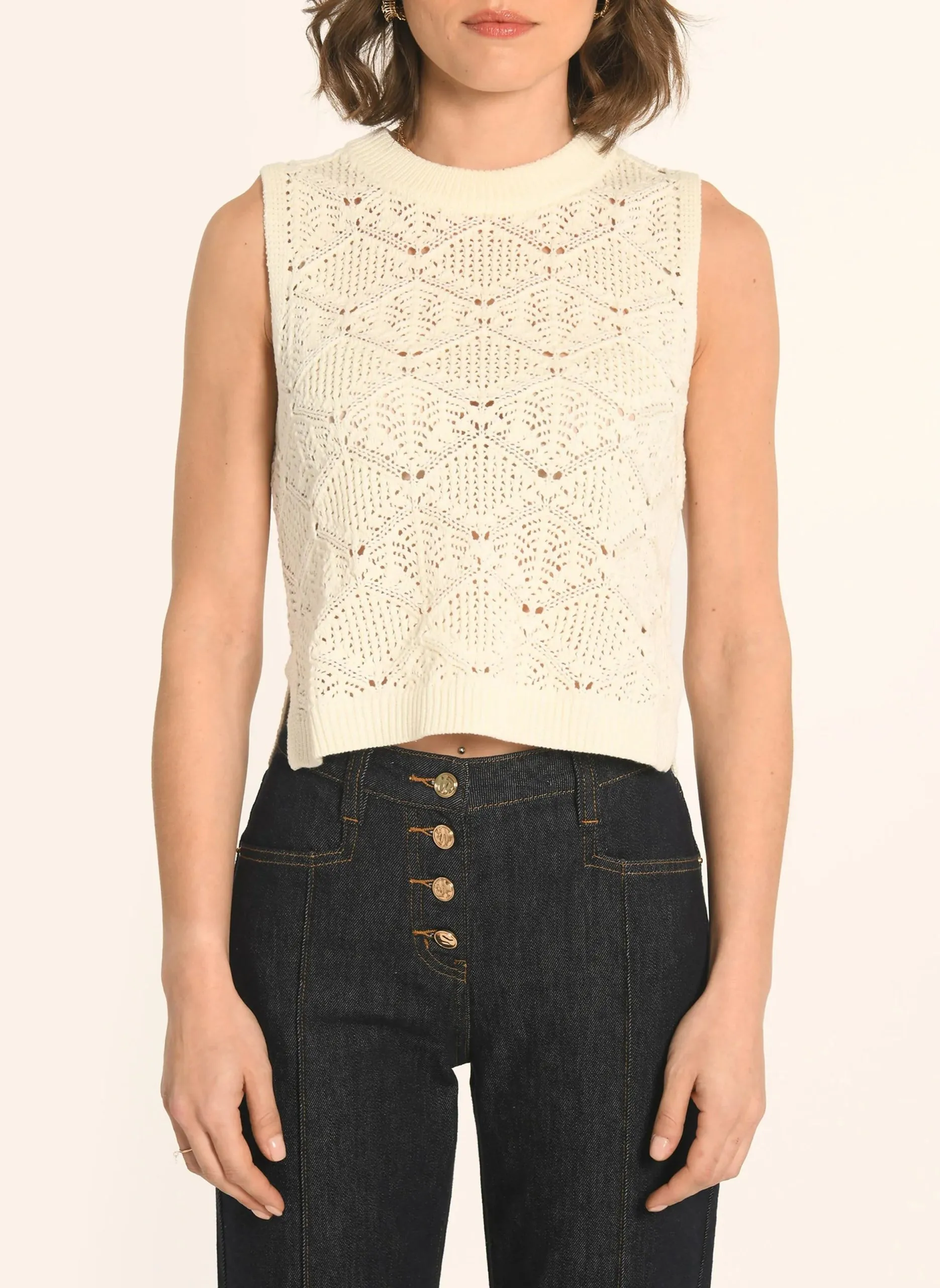 Pull sans manches en maille ajourée Blanc ANGE