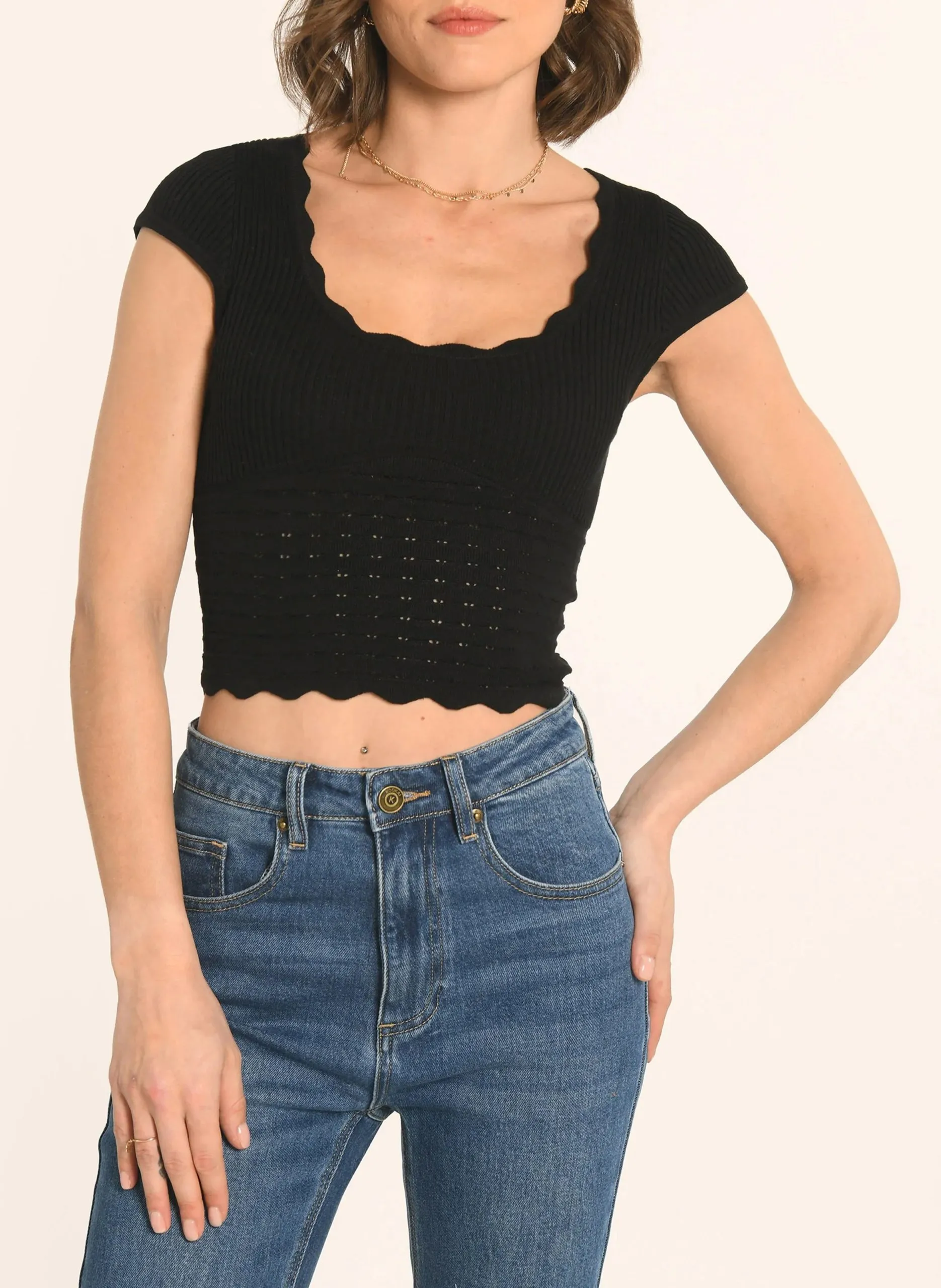 Top col rond en coton mélangé Noir AVA