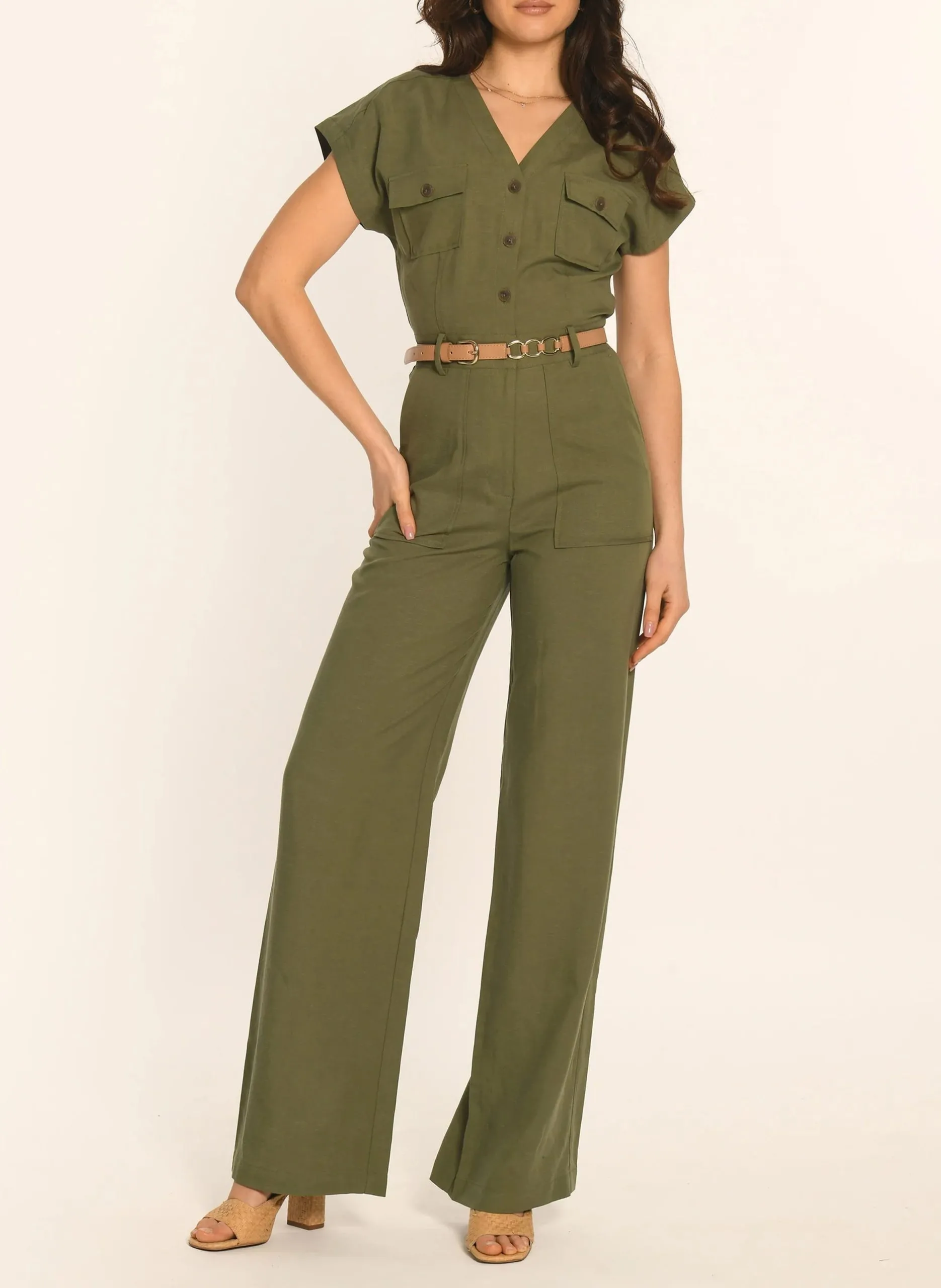 Combinaison pantalon col v boutonnée Kaki AMAYA