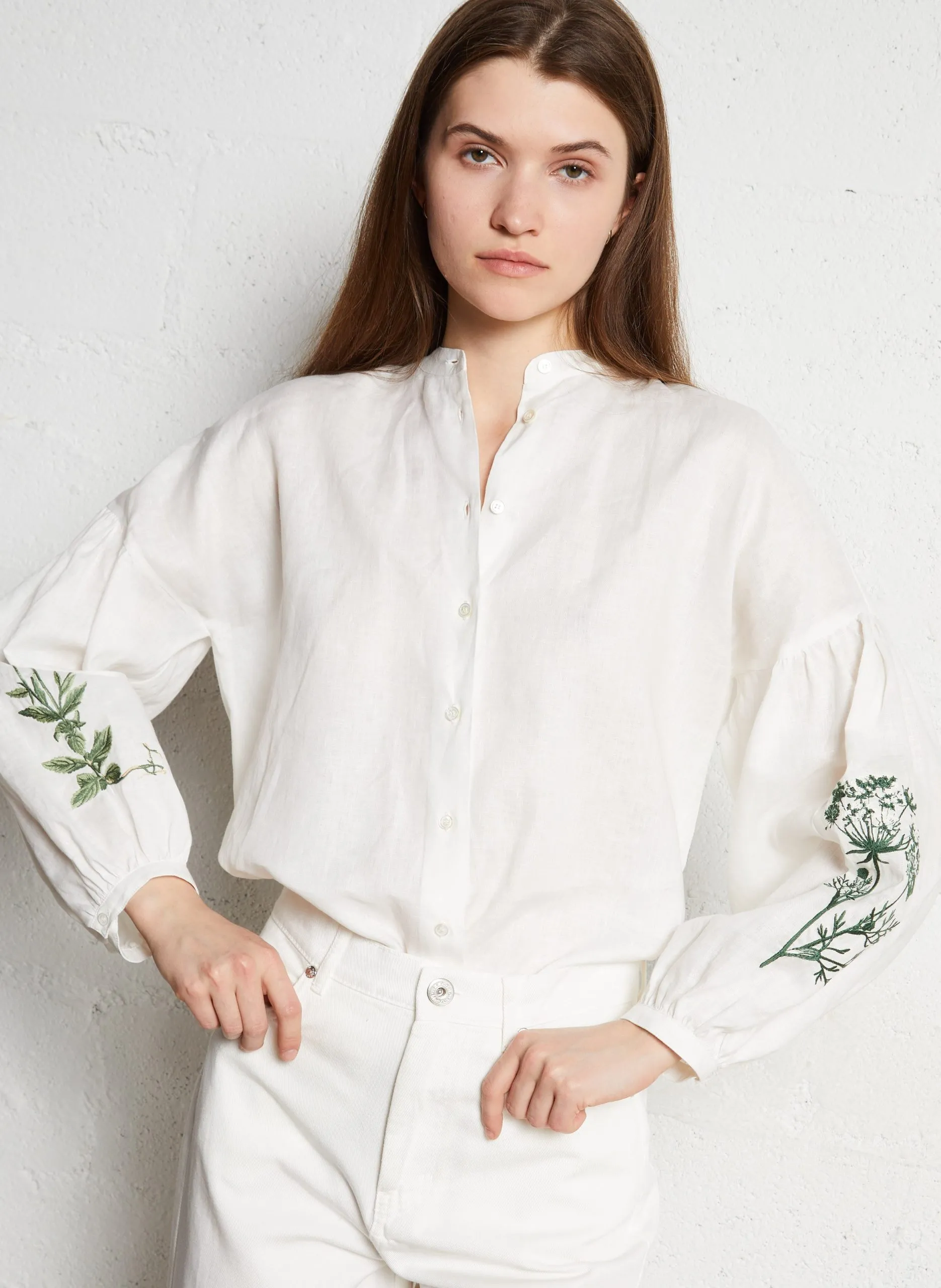Blouse col rond à manches brodées Blanc ILEX