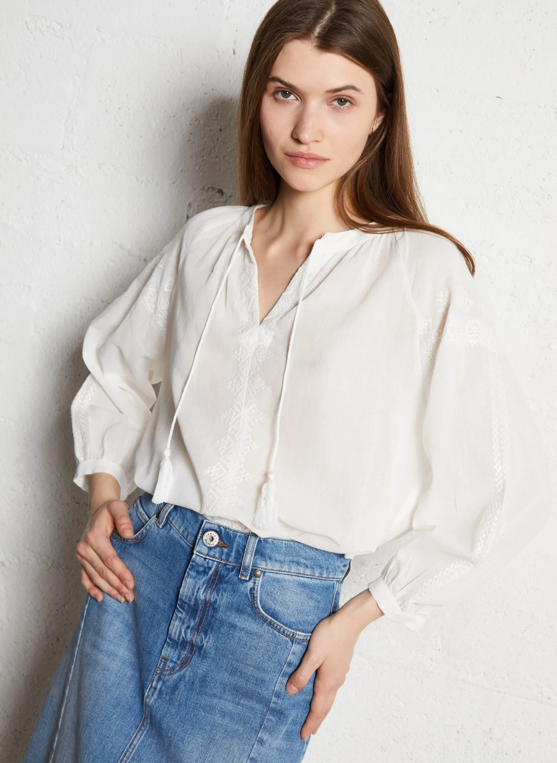 Blouse droite en coton brodé Blanc