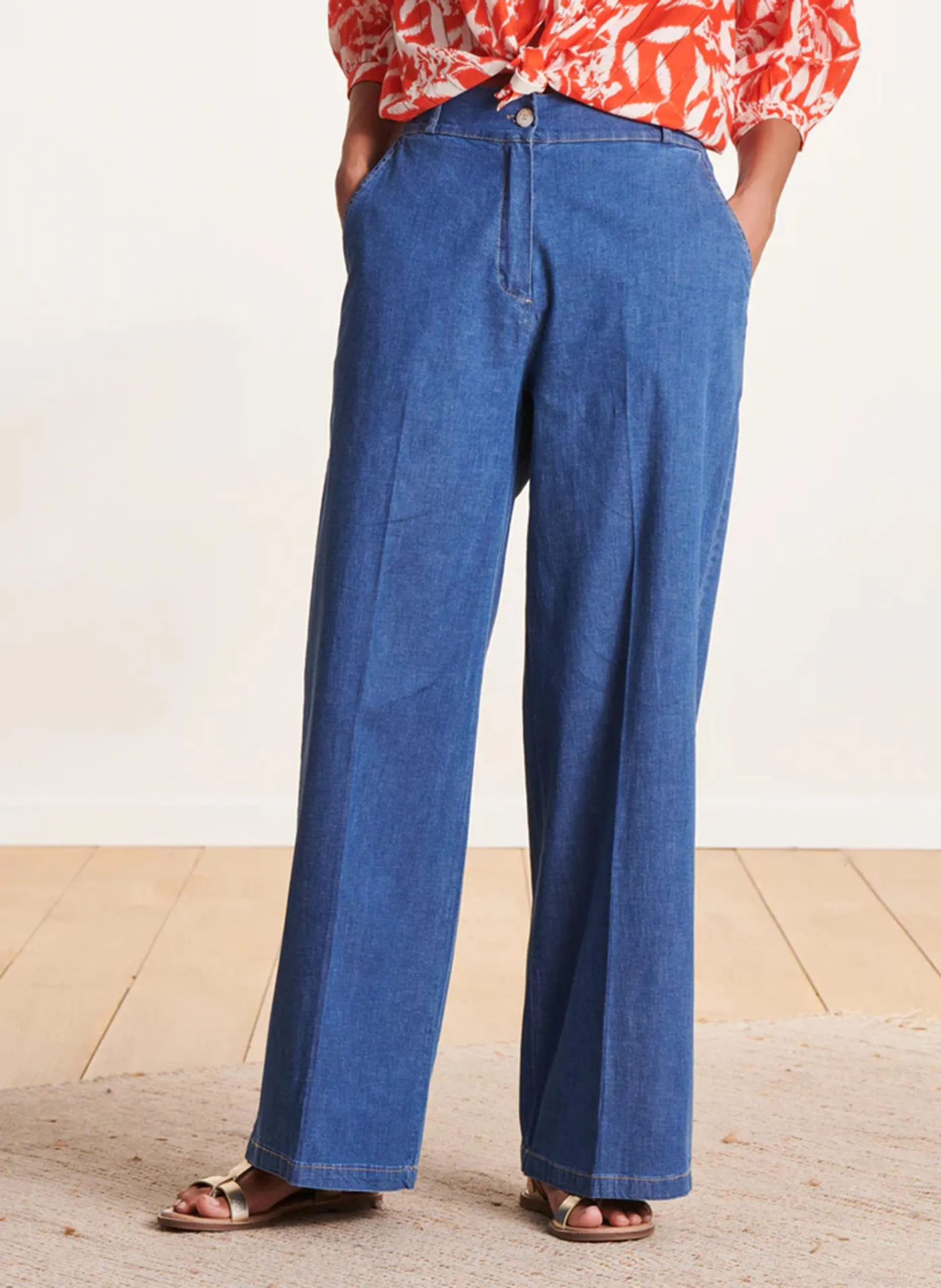 Jean flare taille haute en coton mélangé Bleu