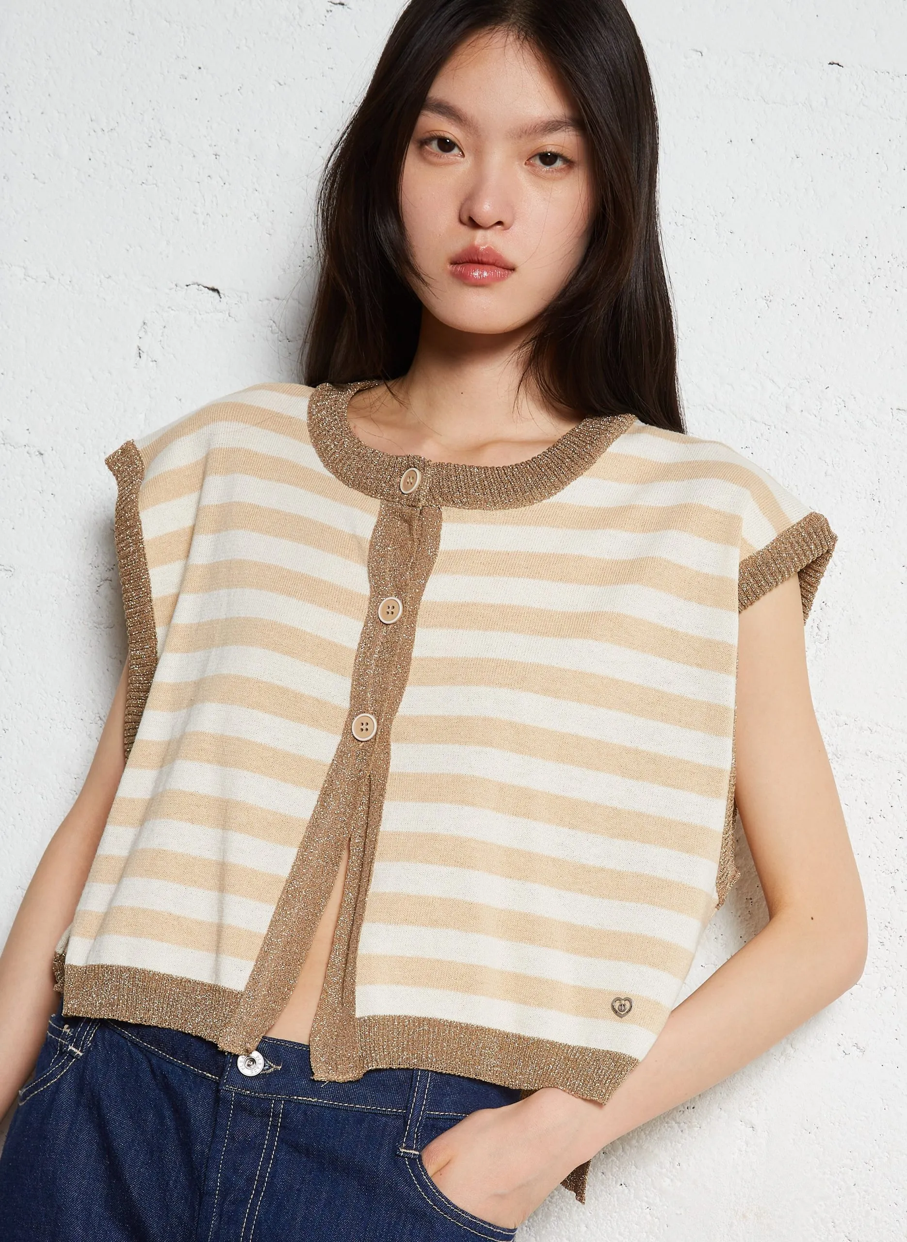 Gilet sans manches rayé en coton mélangé Multicolore