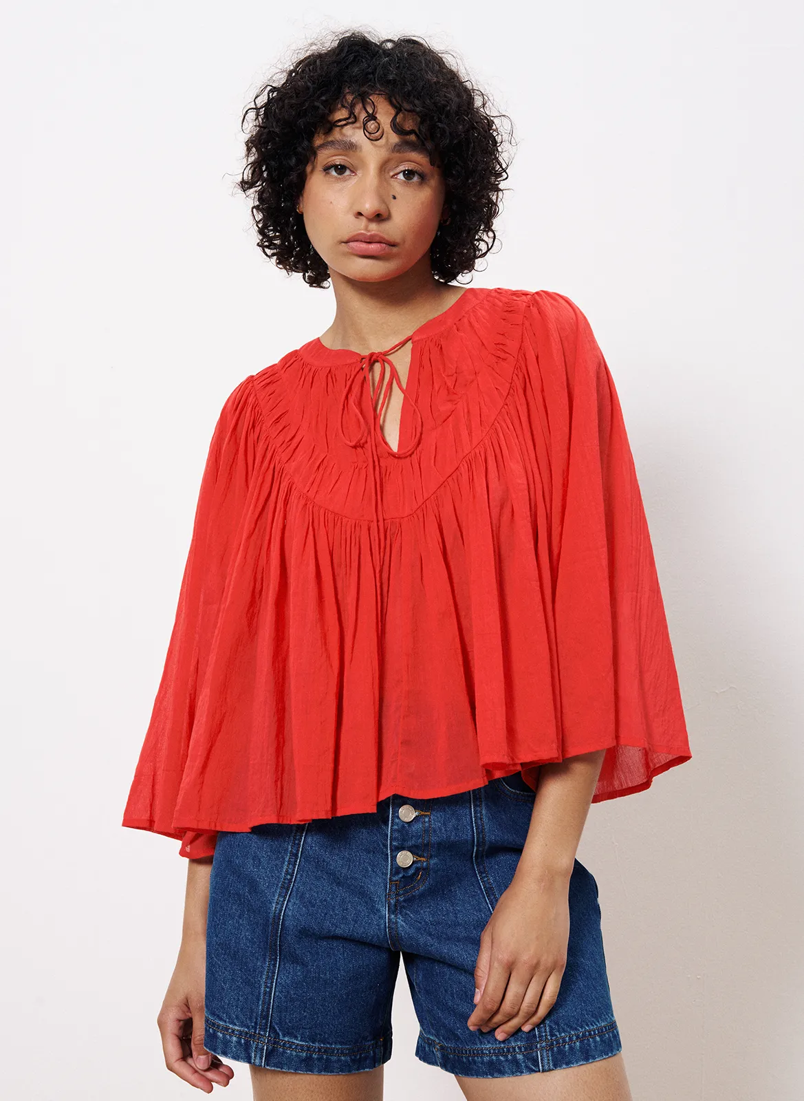 Blouse ample froncée à manches 3/4 Rouge CLOVICIA