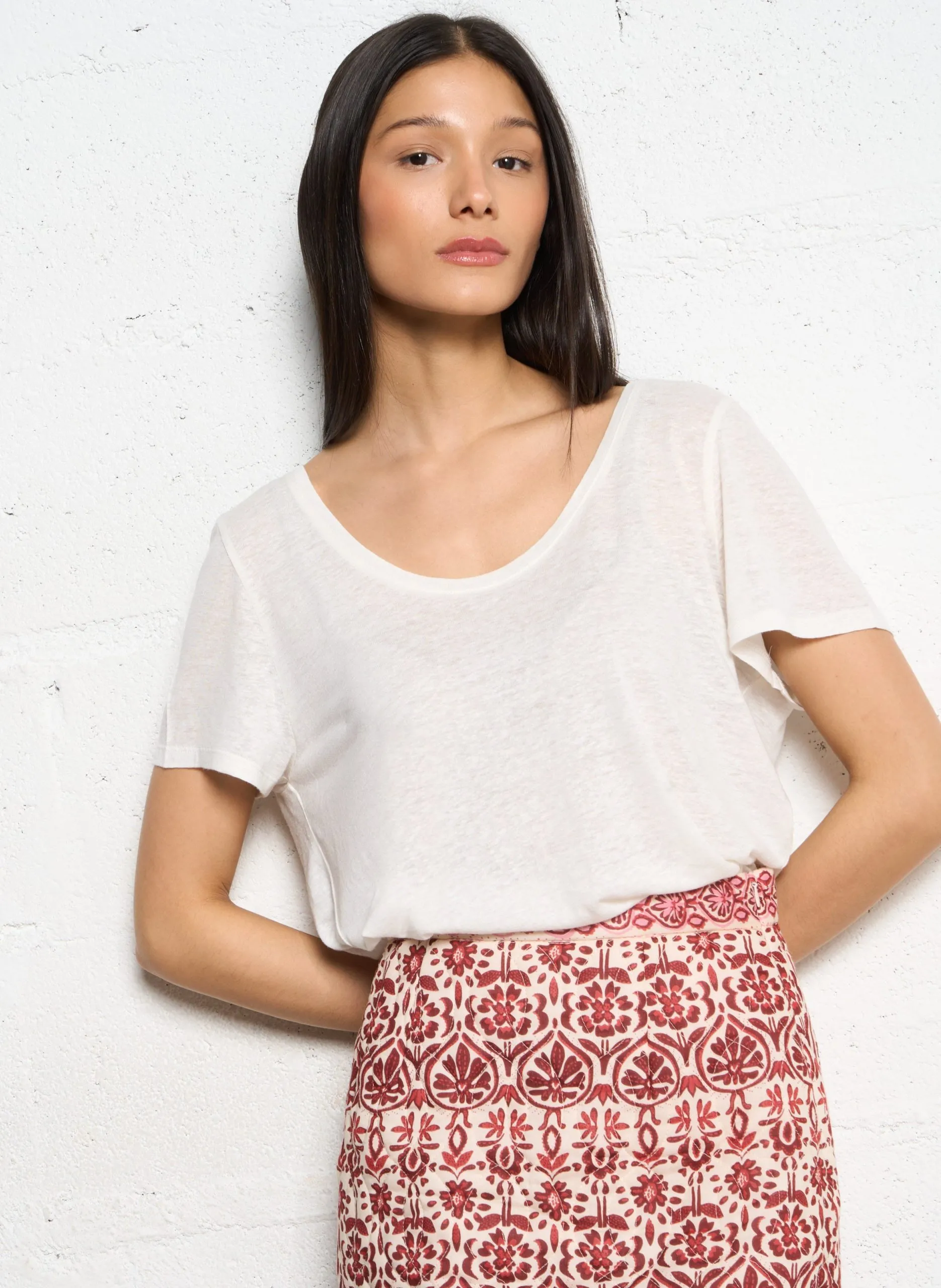 Tee-shirt col rond en lin mélangé Beige TIA