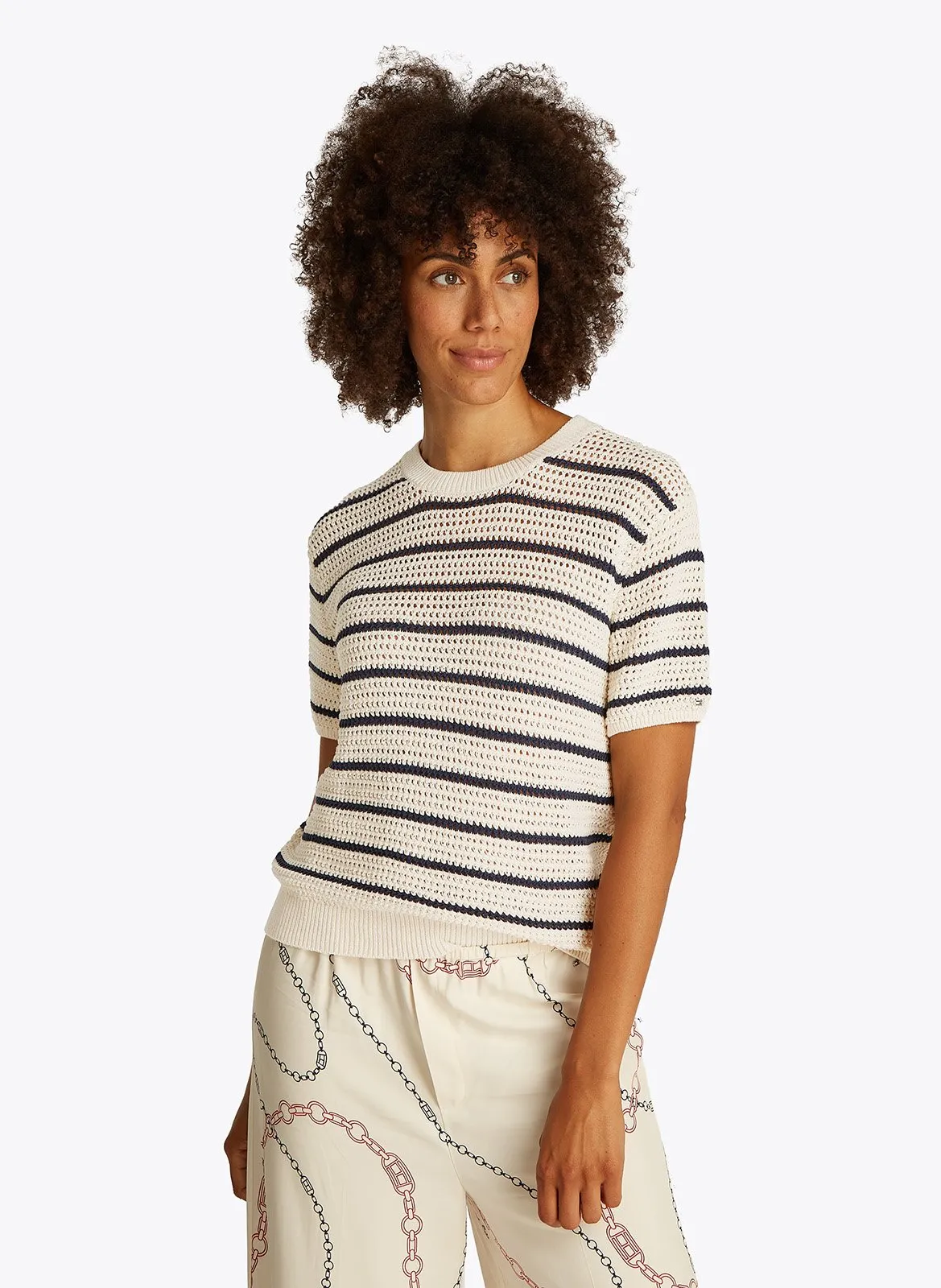 Pull manches courtes rayé en coton bio mélangé Blanc