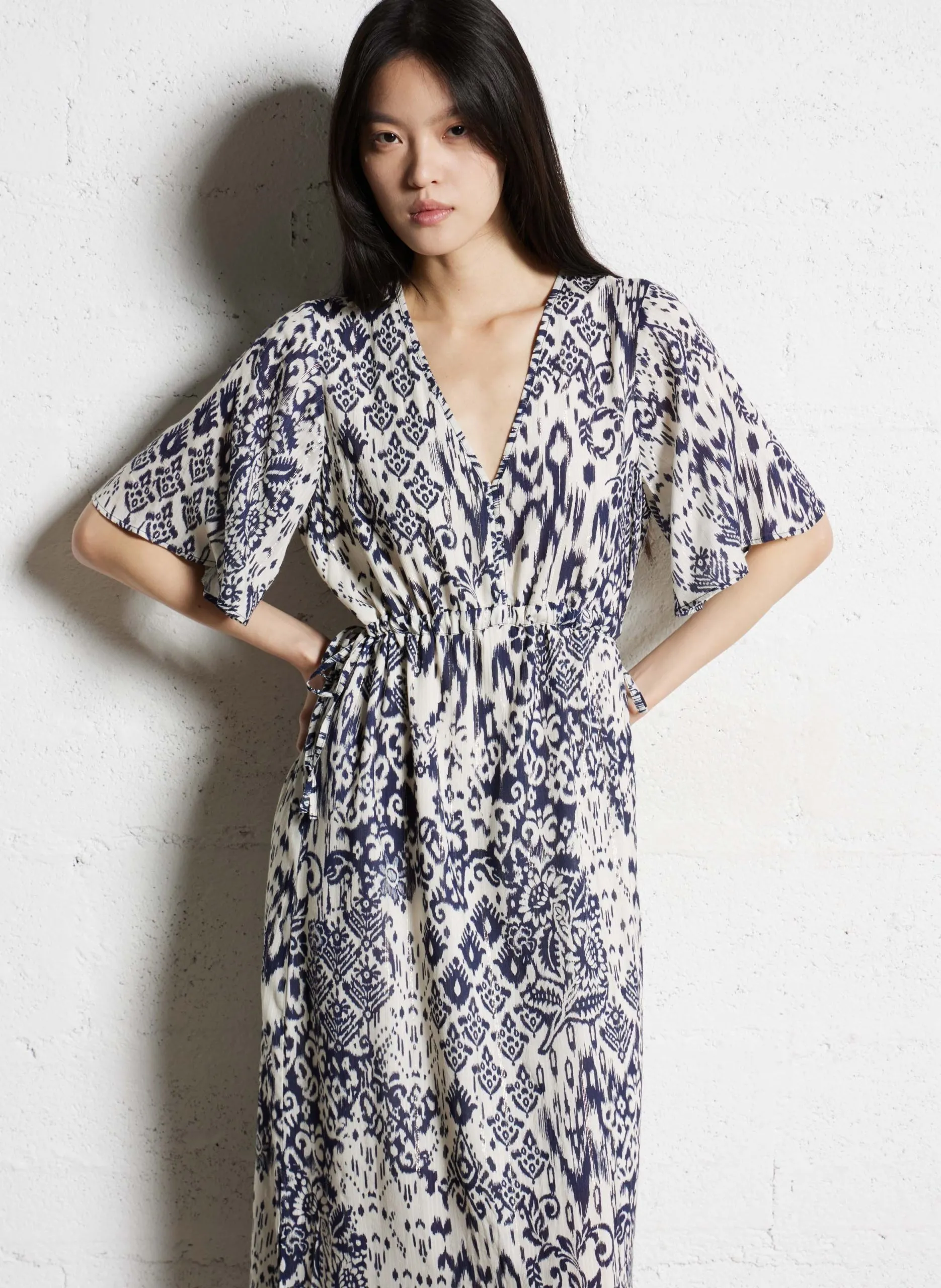 Robe midi col v imprimée Bleu RIZAMA