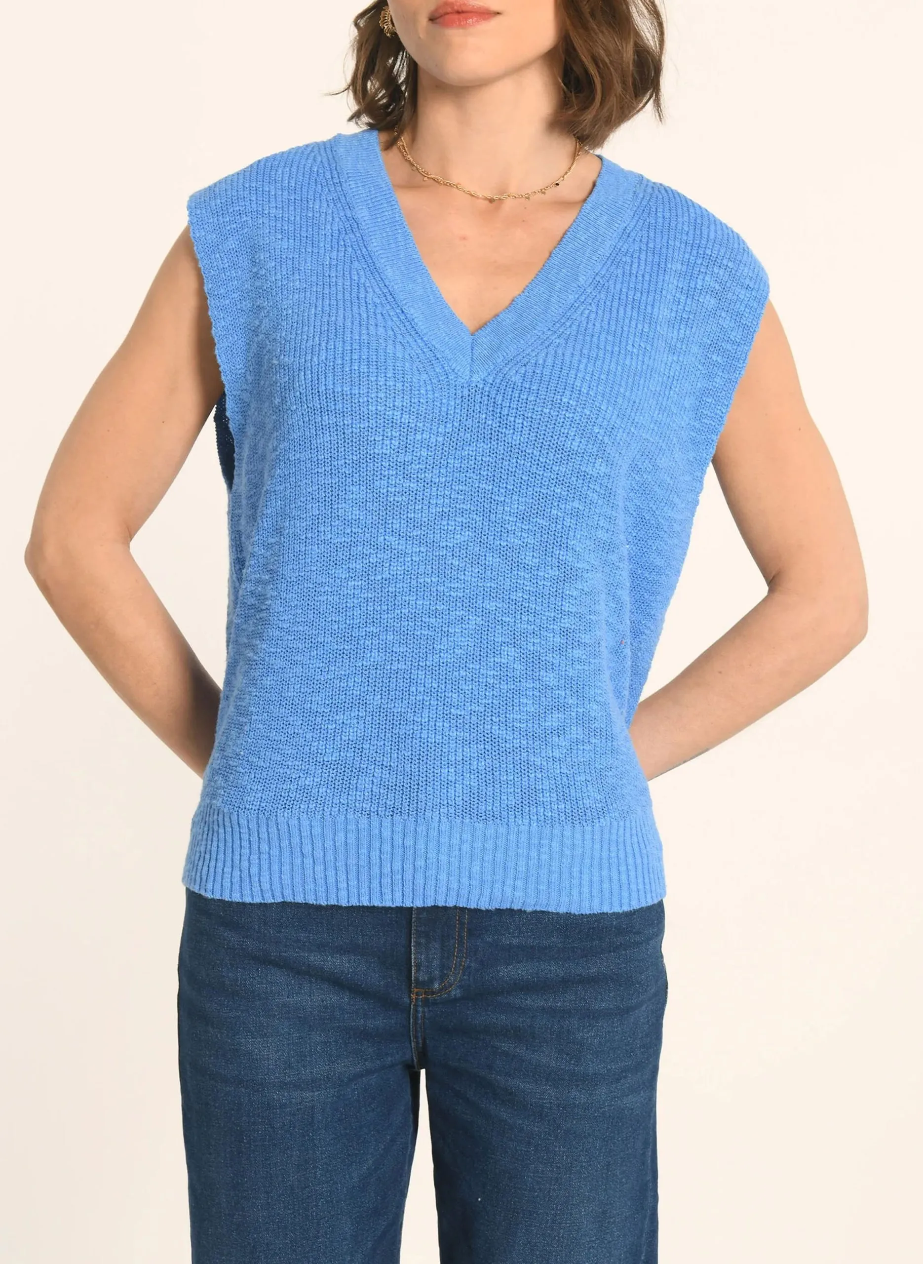 Pull col V en coton Bleu AUDREY