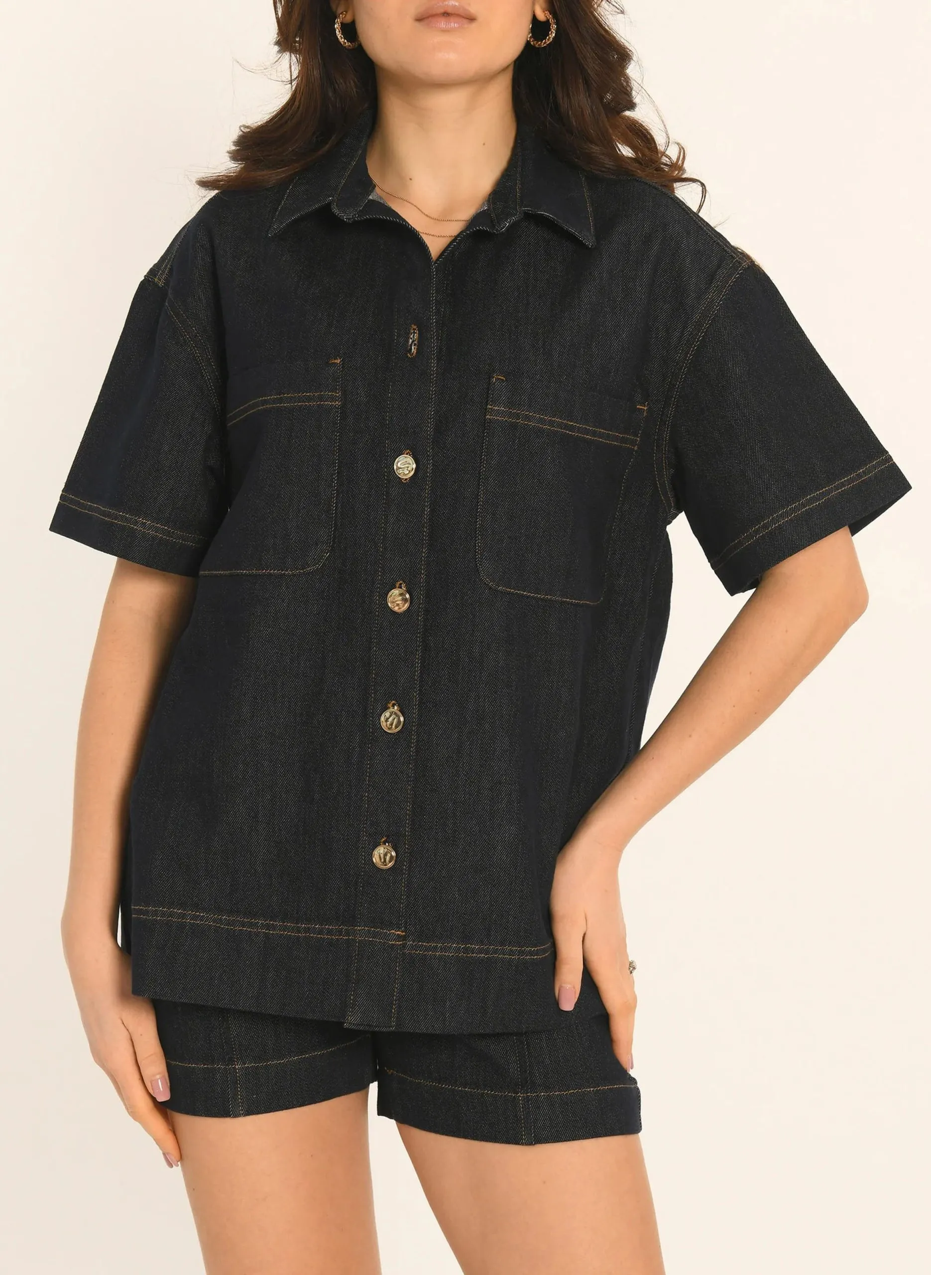 Top col classique en denim Noir ARIETTE