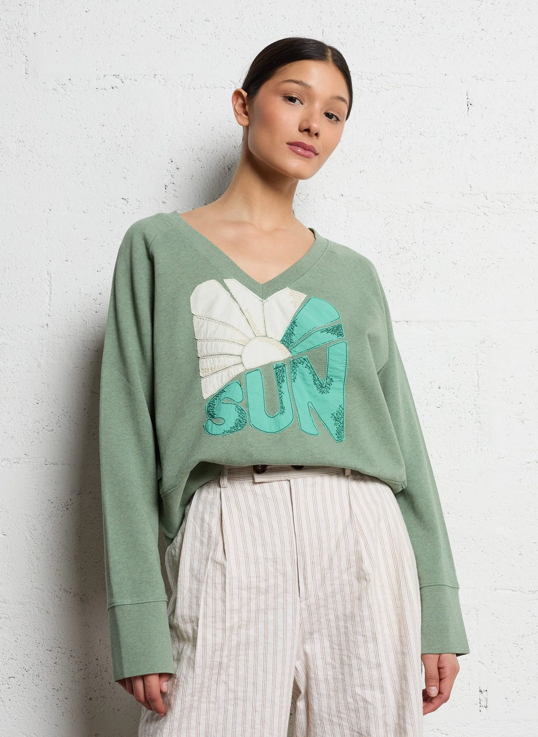 Sweat ample manches longues à motifs Vert SHAVI