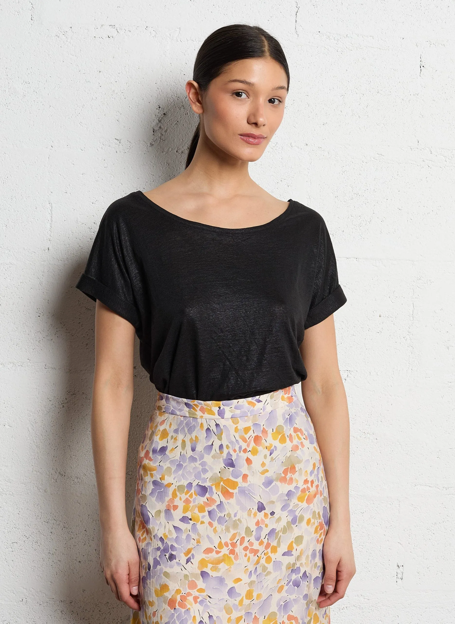 Tee-shirt col rond métallisé en lin Noir ANGELA