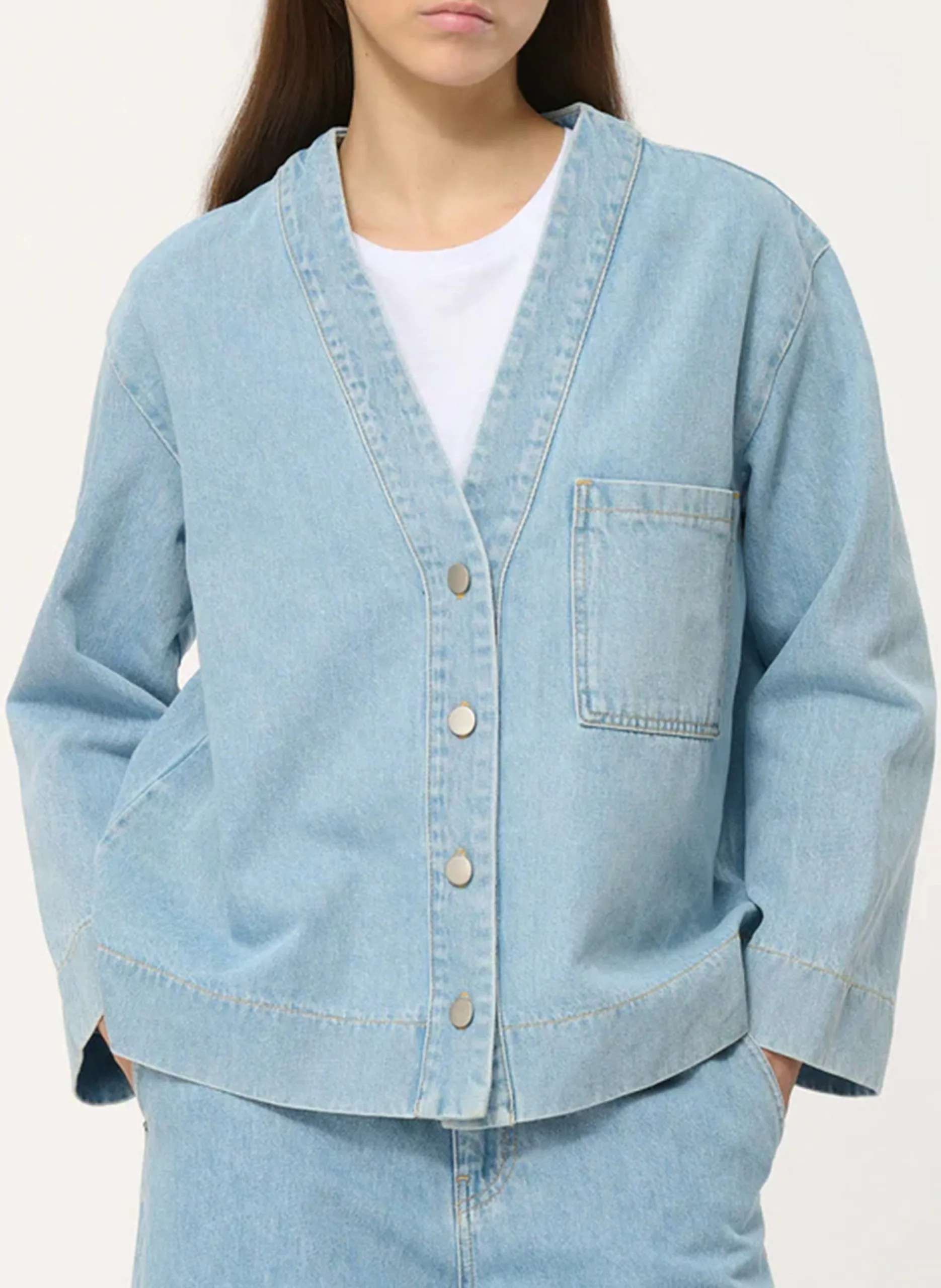 Veste oversize col V en coton Bleu