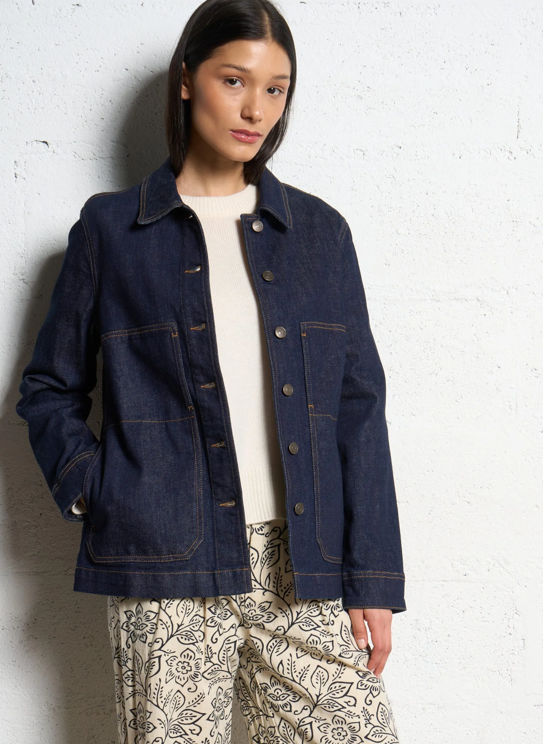 Veste col classique en denim de coton mélangé Bleu FABRINE