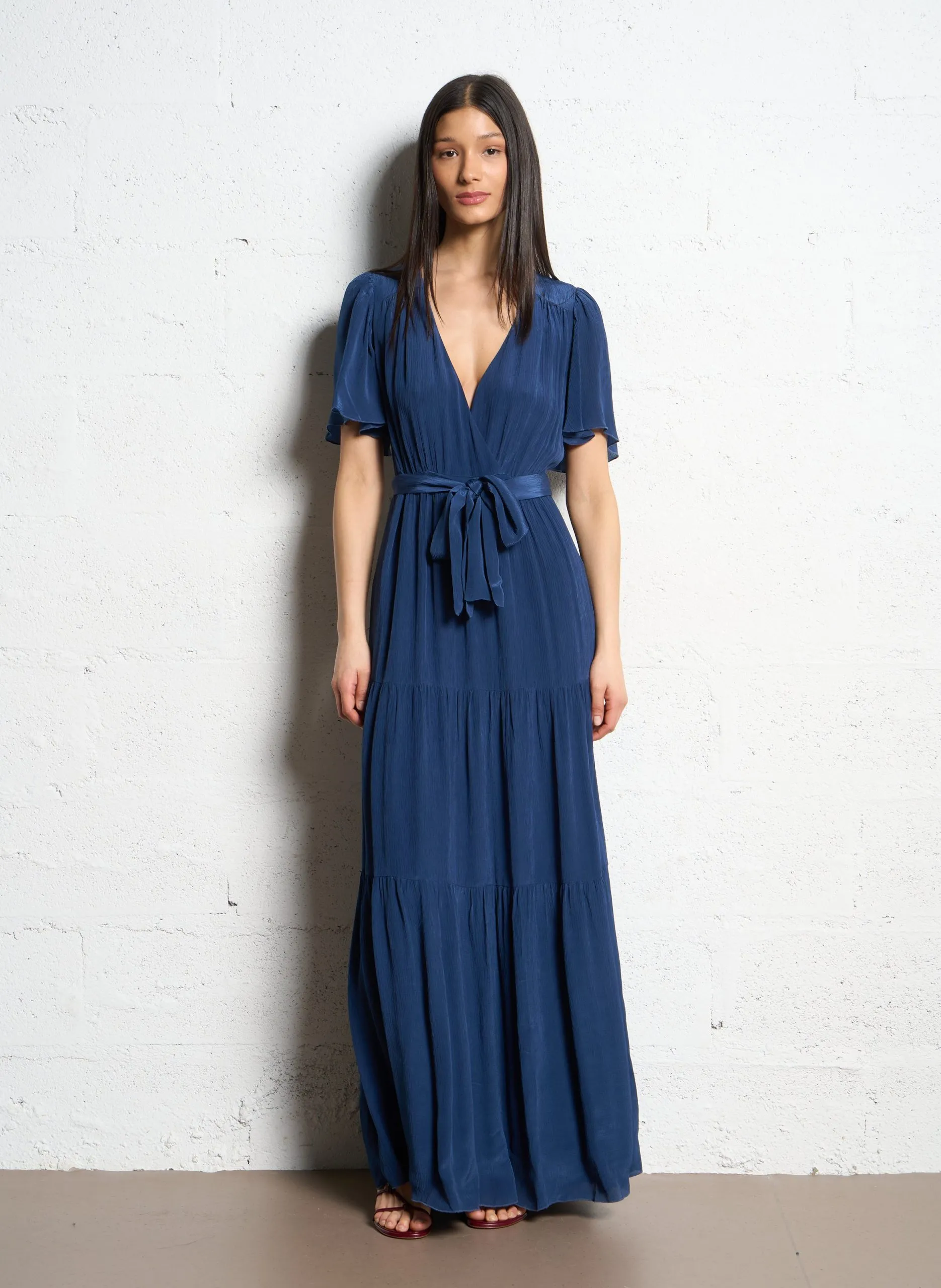Robe longue cintrée col V Bleu NATALIA