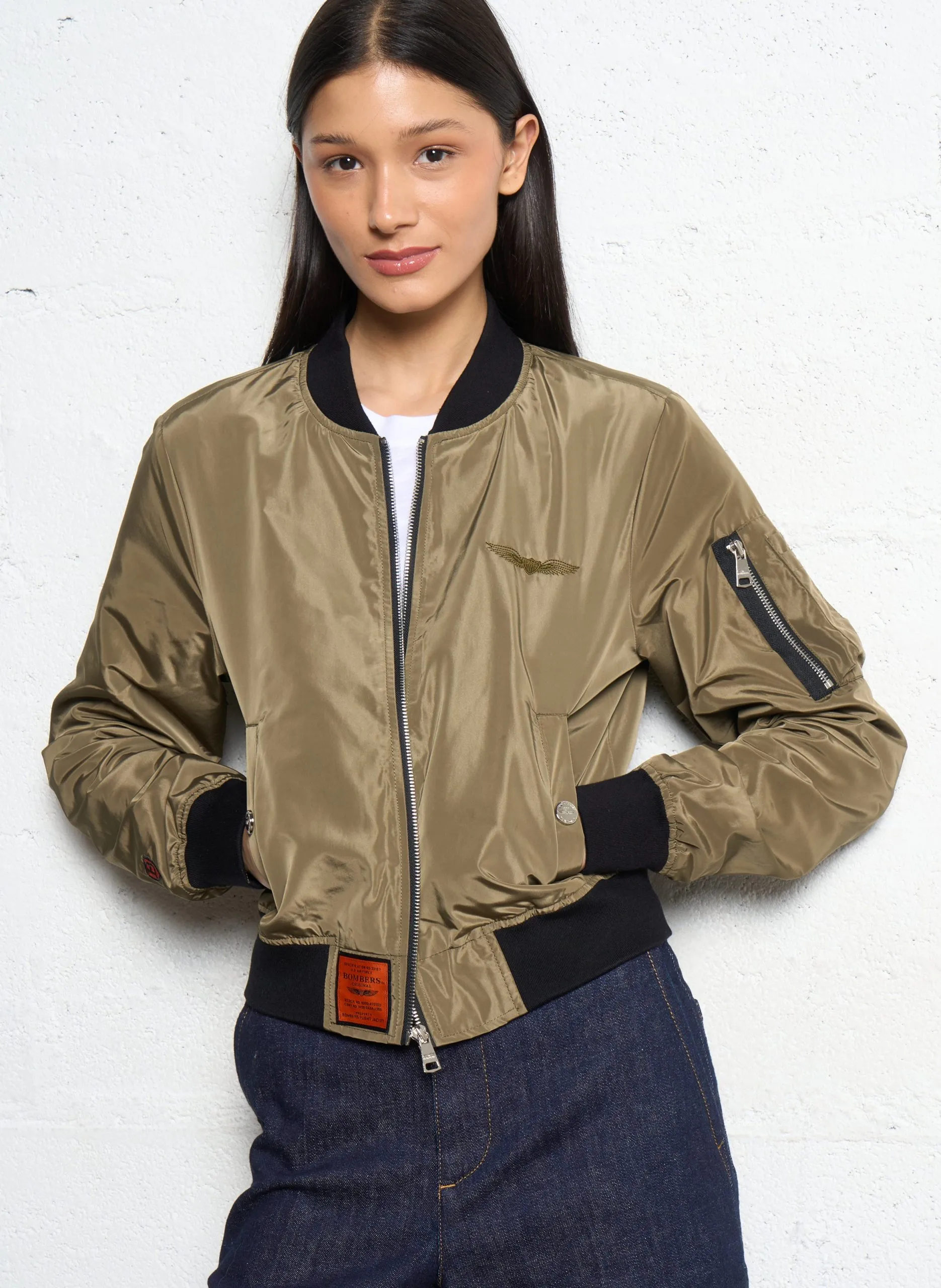 Bomber col teddy zippé en nylon Kaki MA1