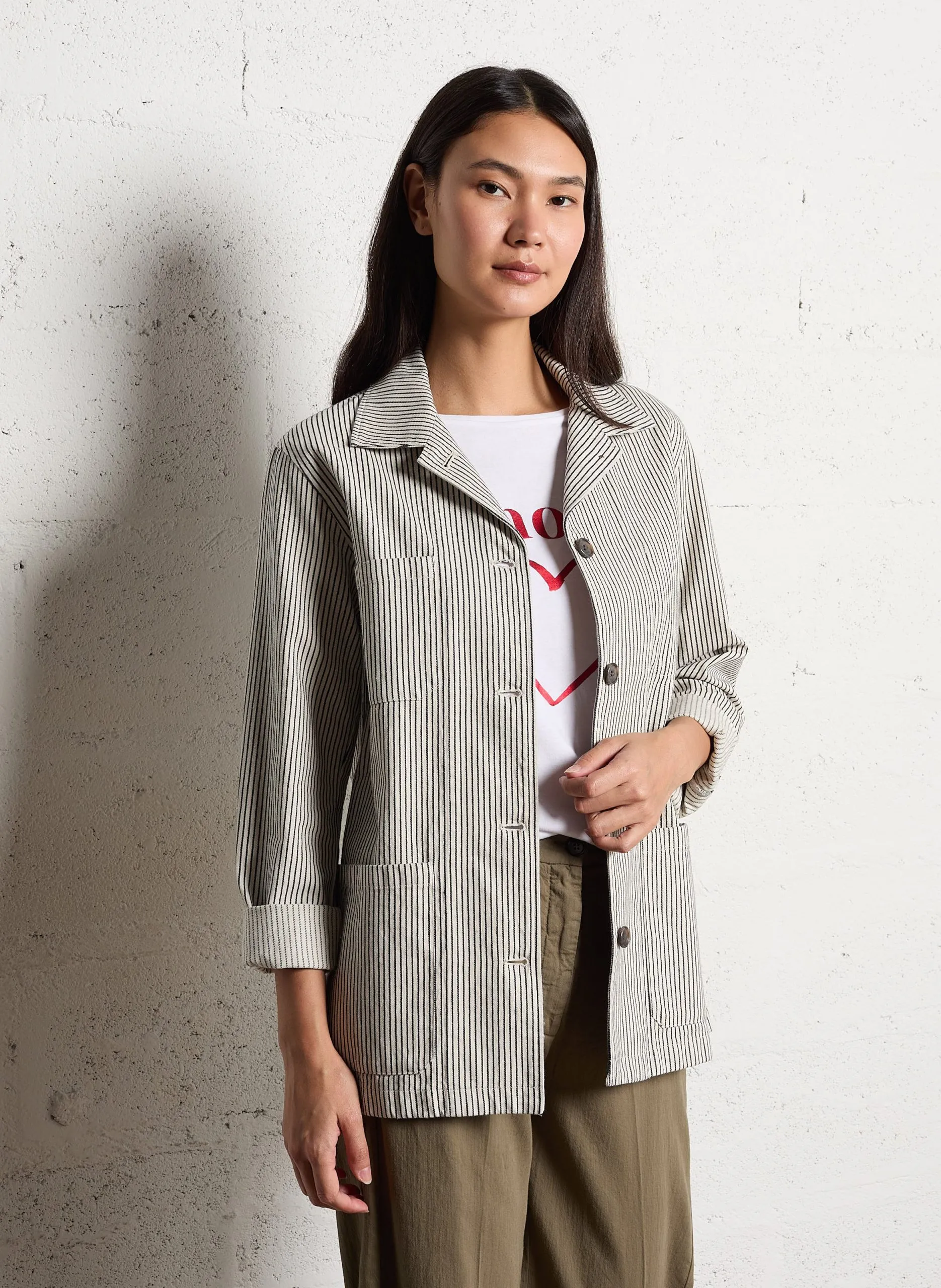 Veste col classique rayée en coton mélangé Beige VERDI