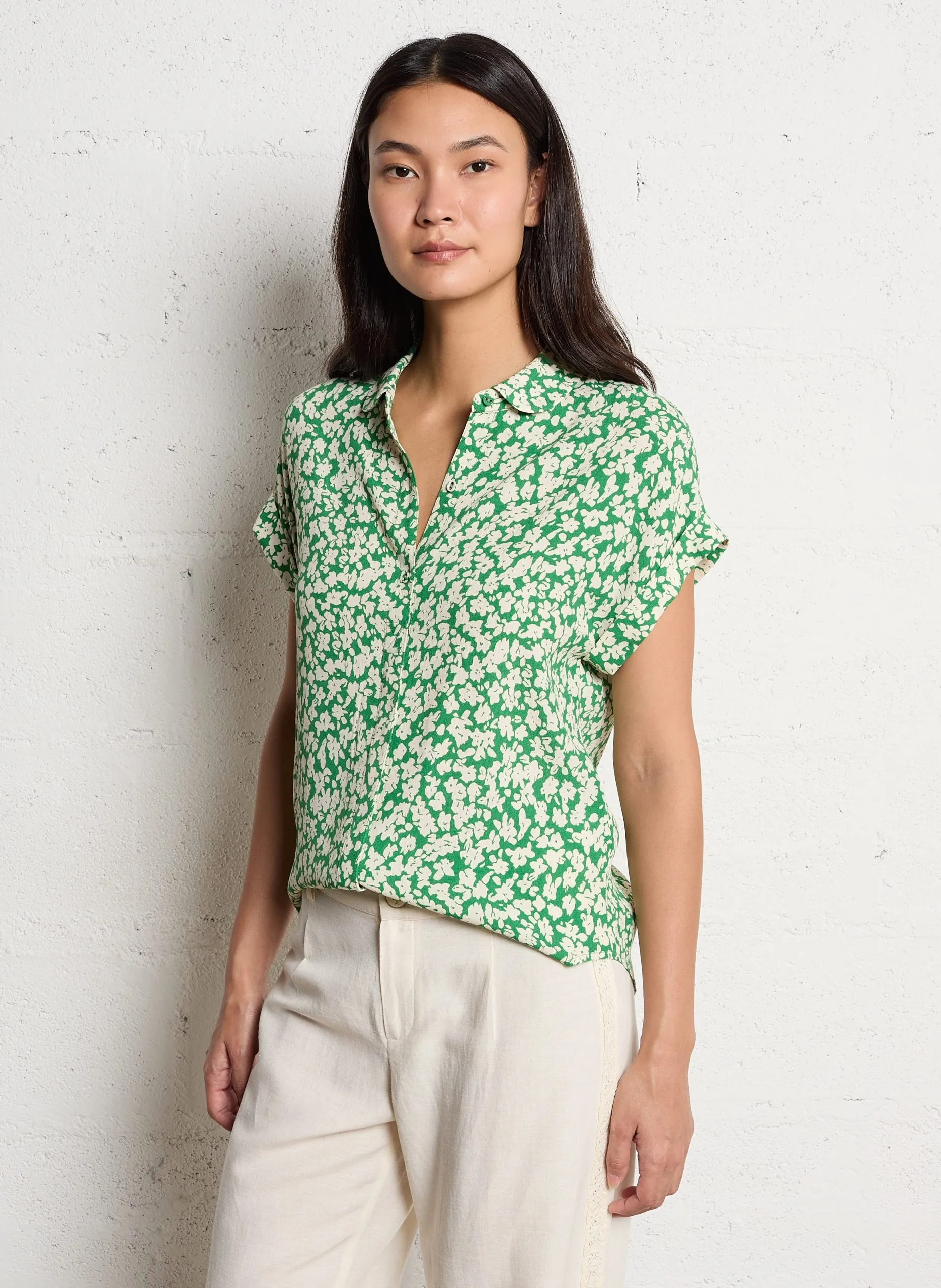 Chemise col claudine en gaze de coton Vert HELENE