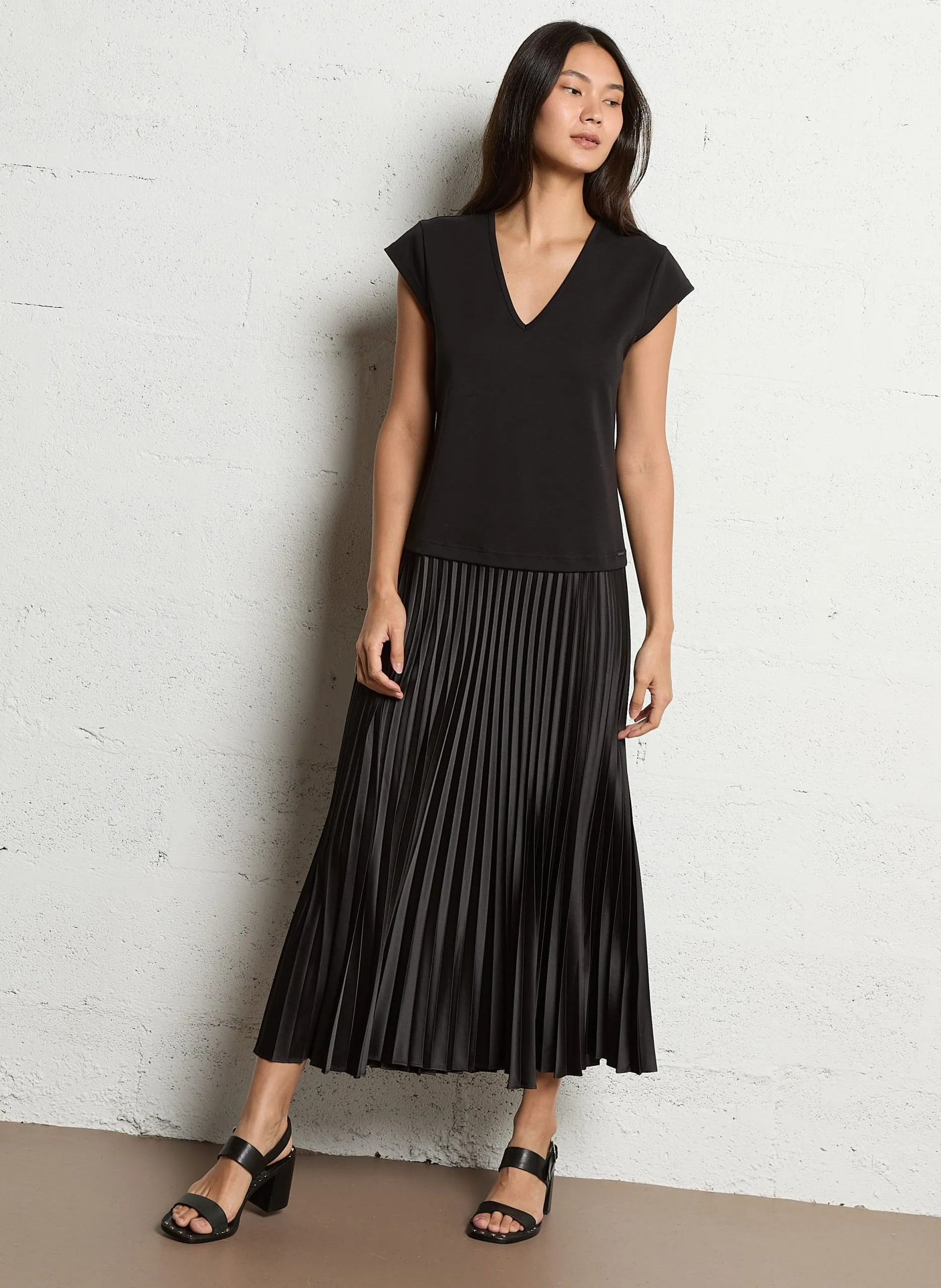 Robe bi-matière devant dos plissée Noir