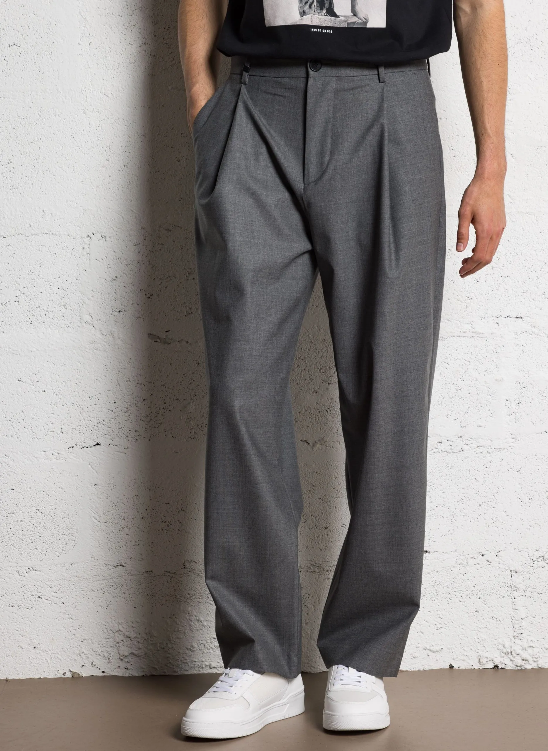 Pantalon de costume large en laine mélangée Gris
