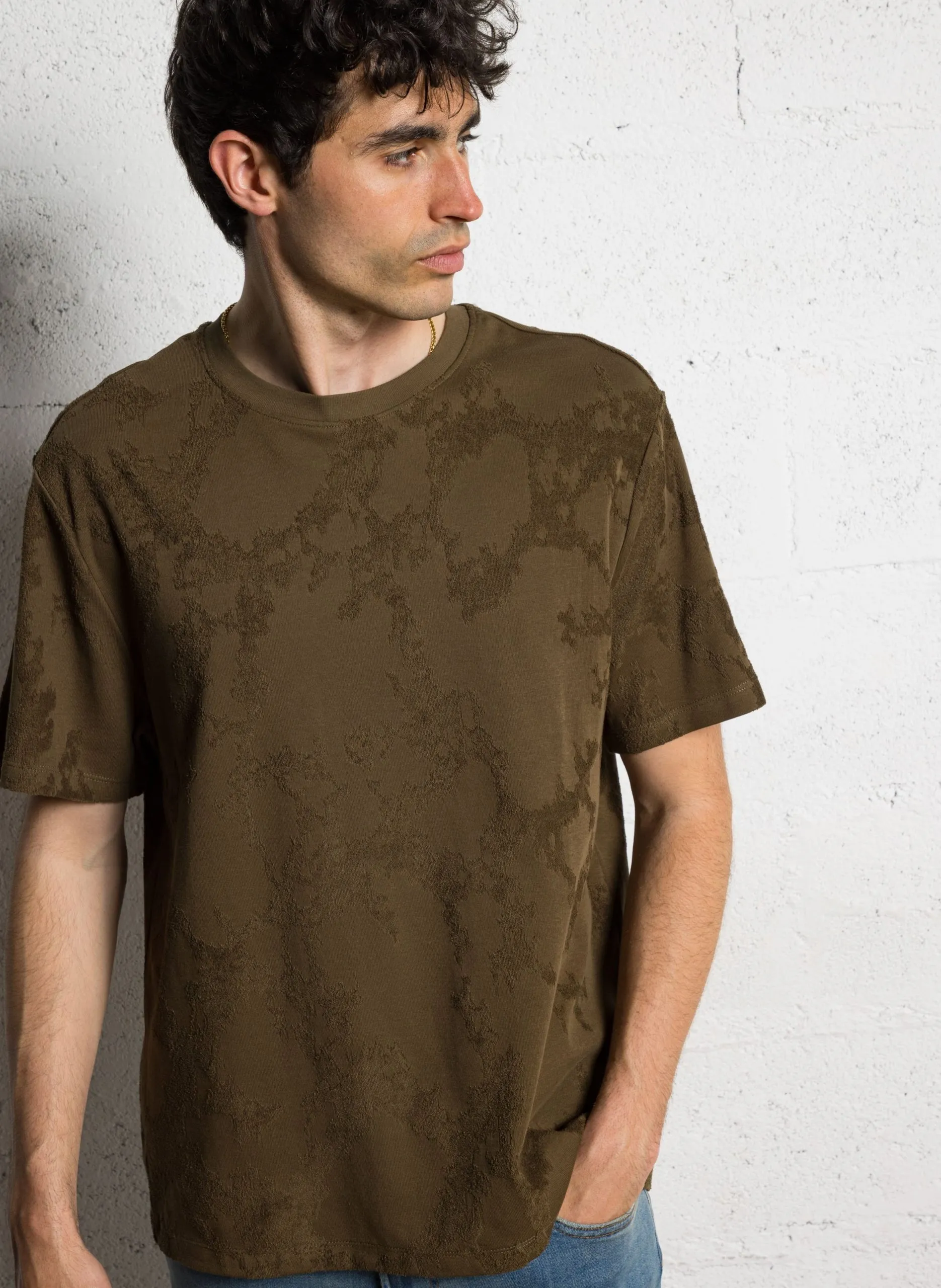 Tee-shirt manches courtes en jacquard Kaki