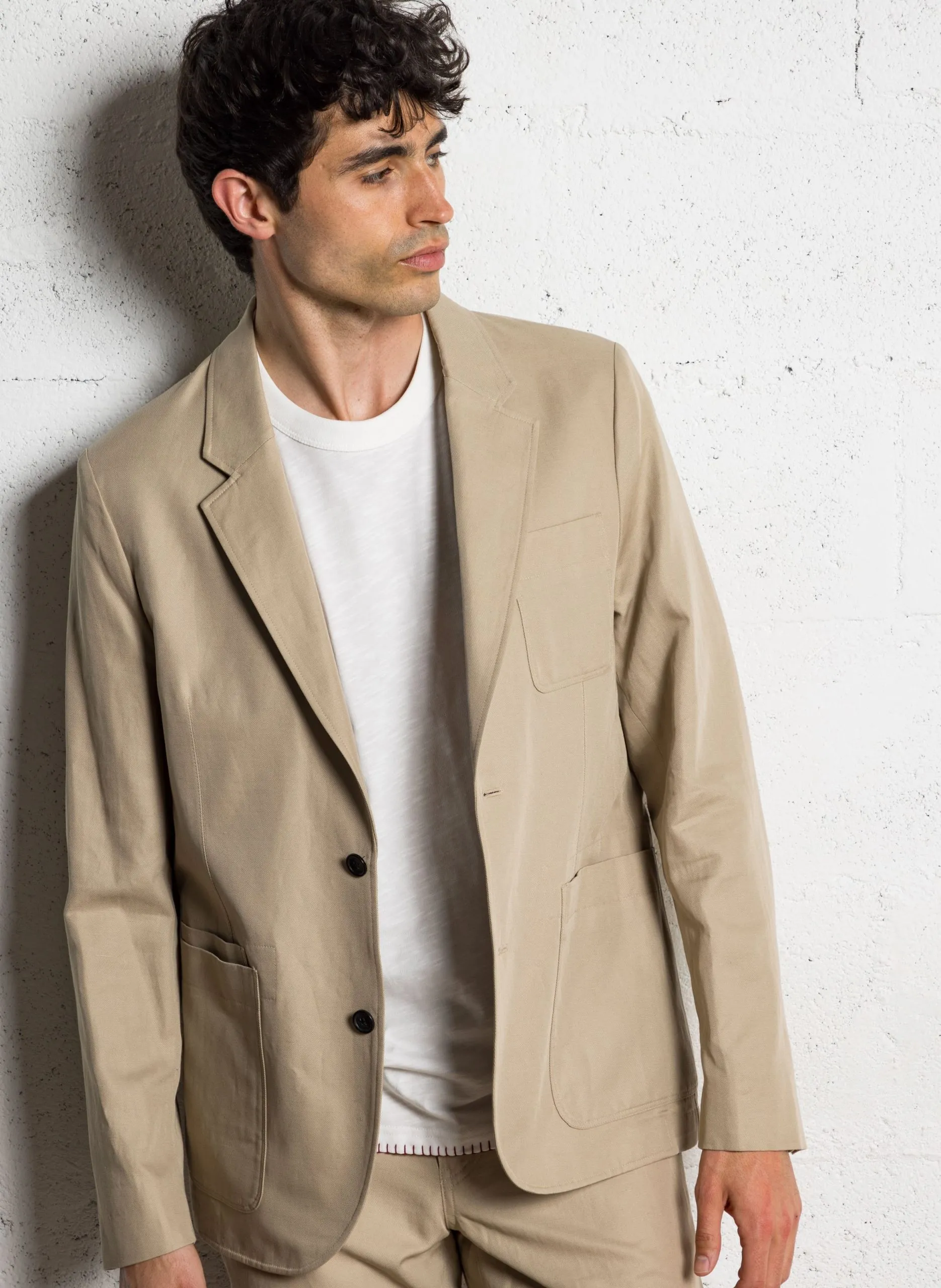 Veste col tailleur en coton mélangé Beige