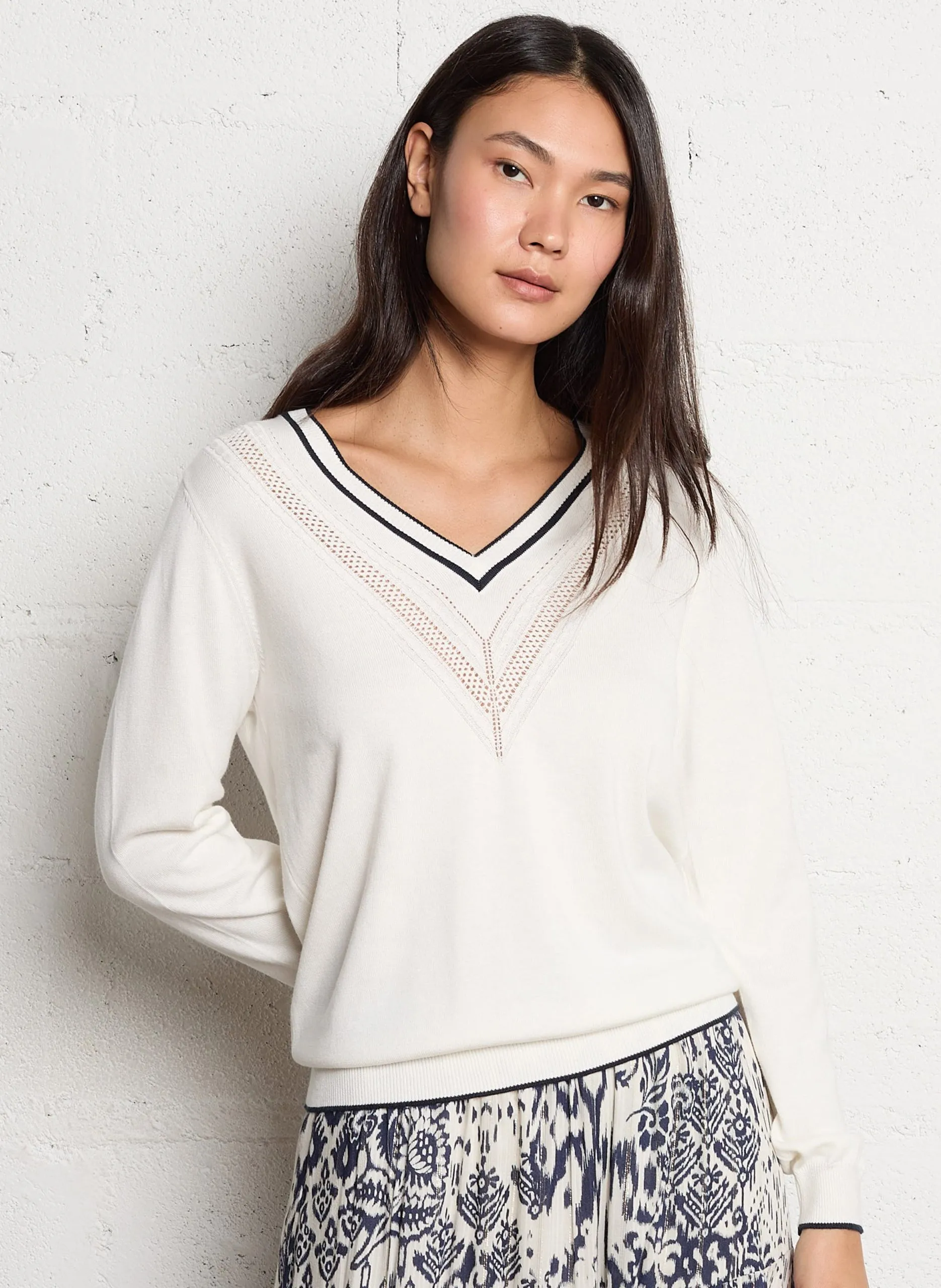 Pull col v en coton mélangé Blanc MILARA