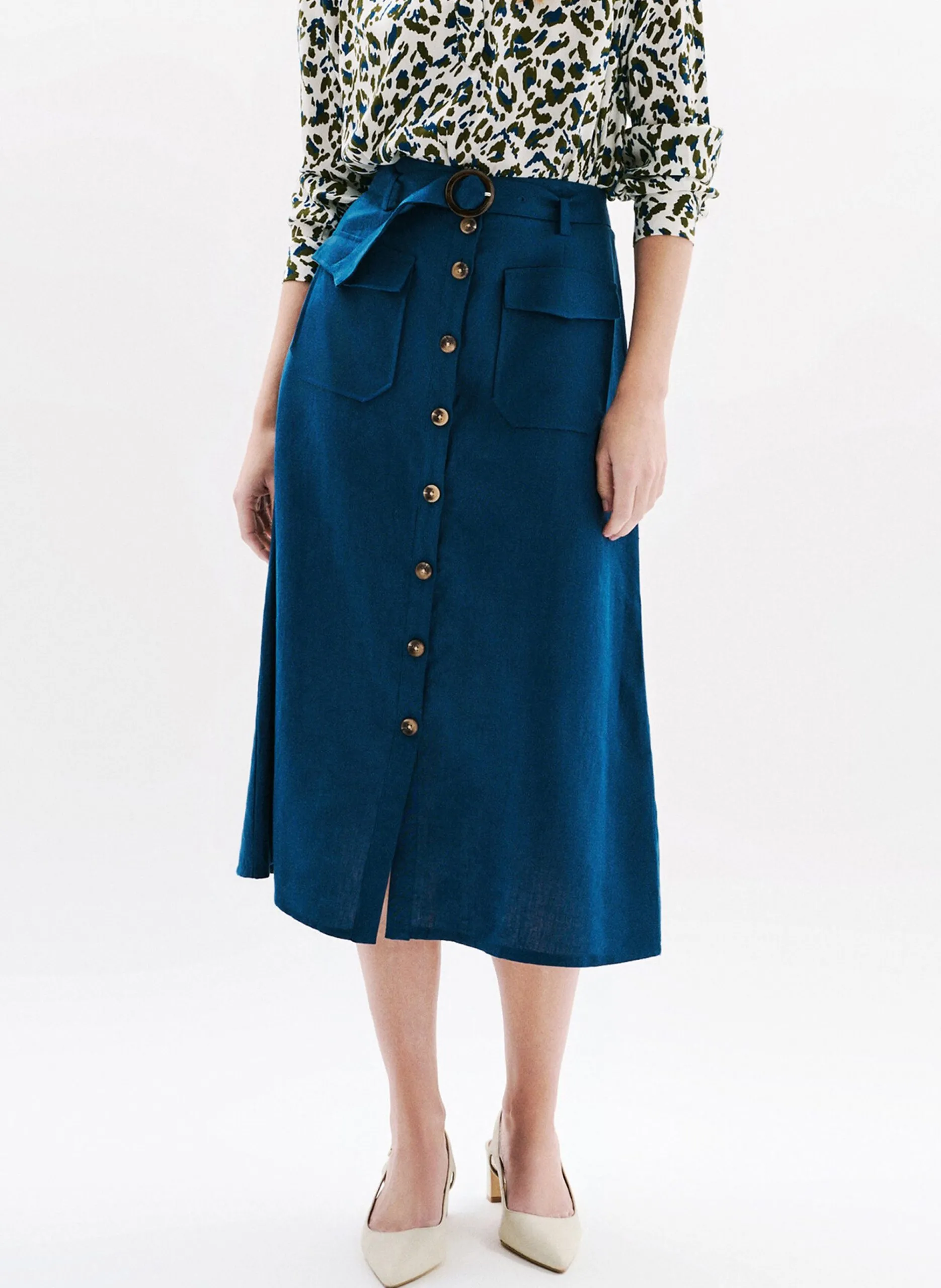 Jupe droite taille haute en lin Bleu KK031-AGNES