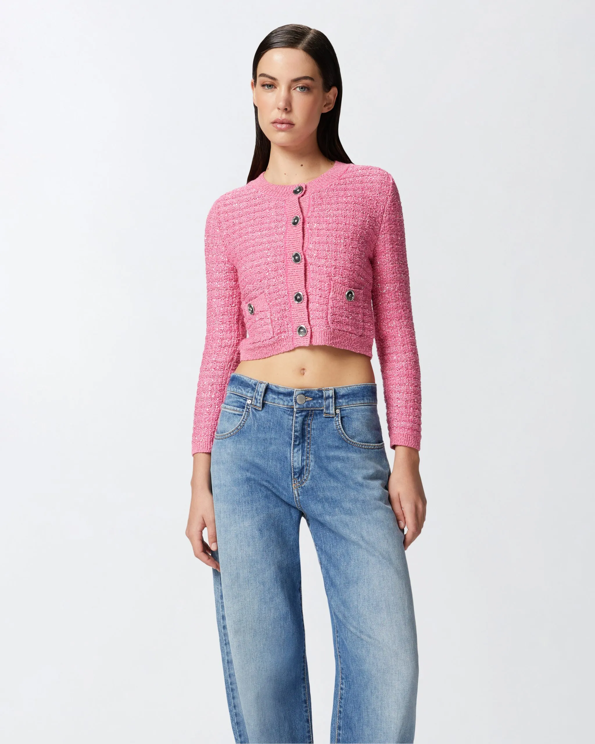 Veste courte pailletée à poches Rose