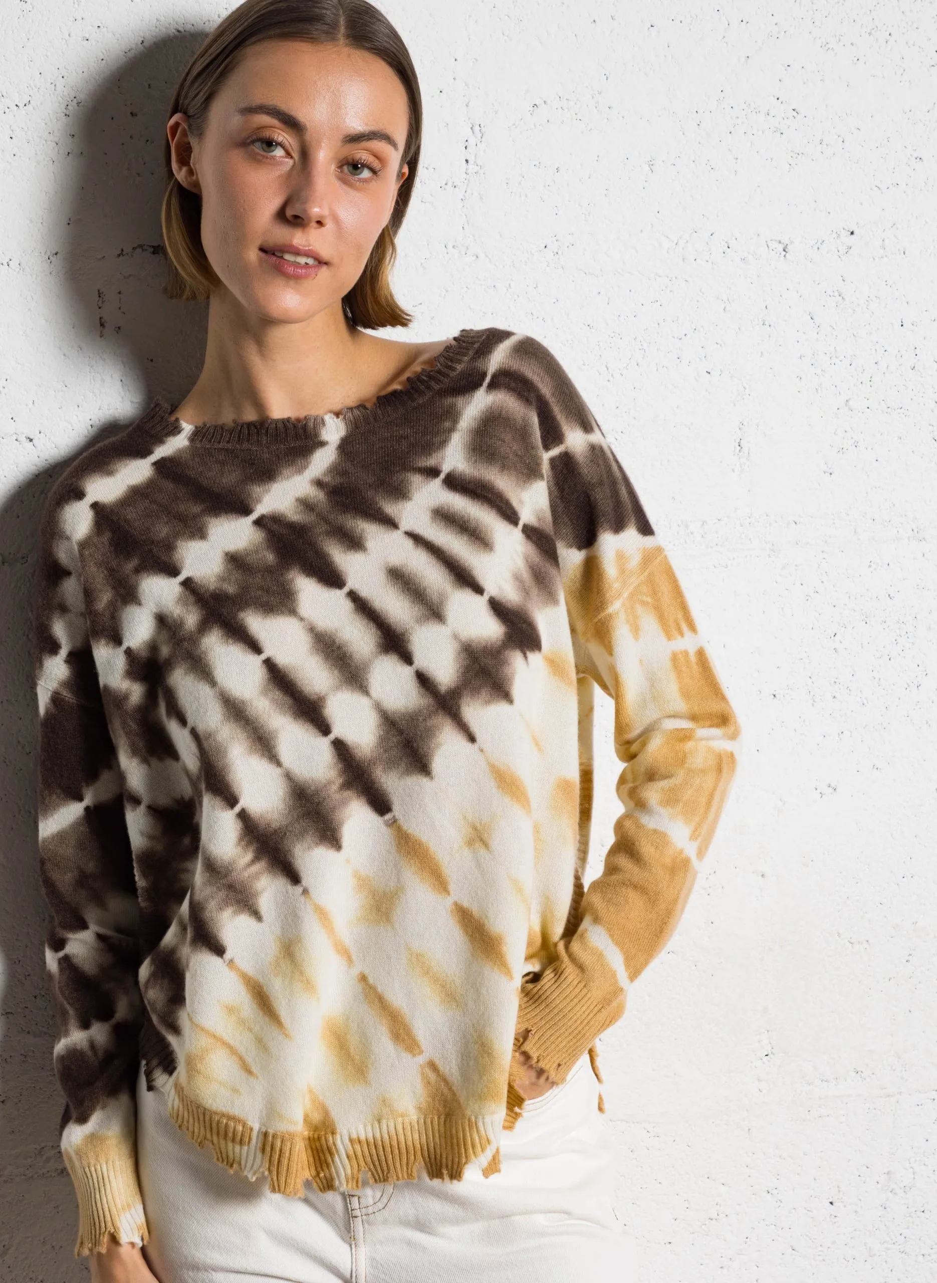 Pull ample col rond en cachemire Beige MELA STRIPE DYE
