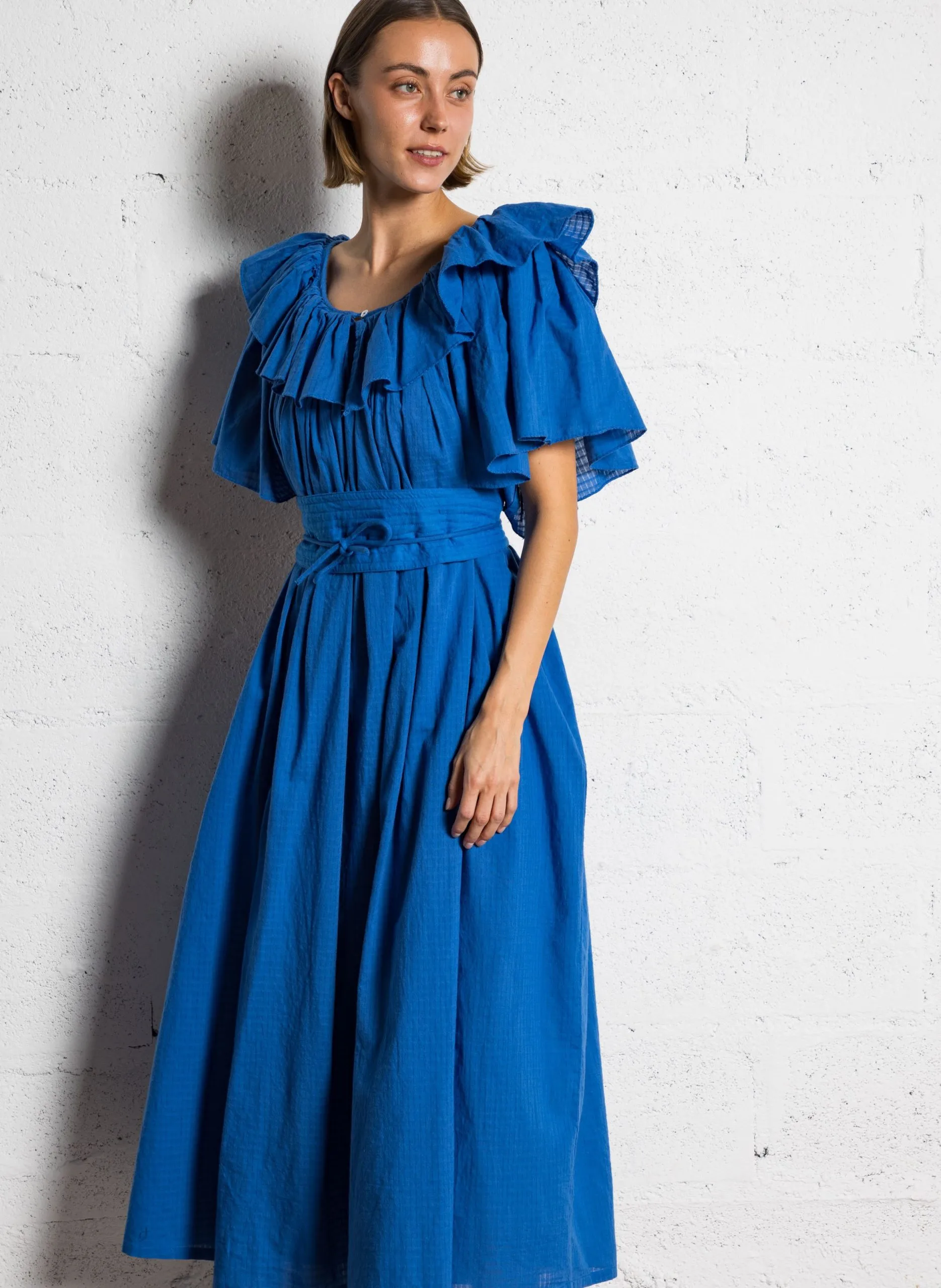 Robe longue col rond en coton bio Bleu RAEYA